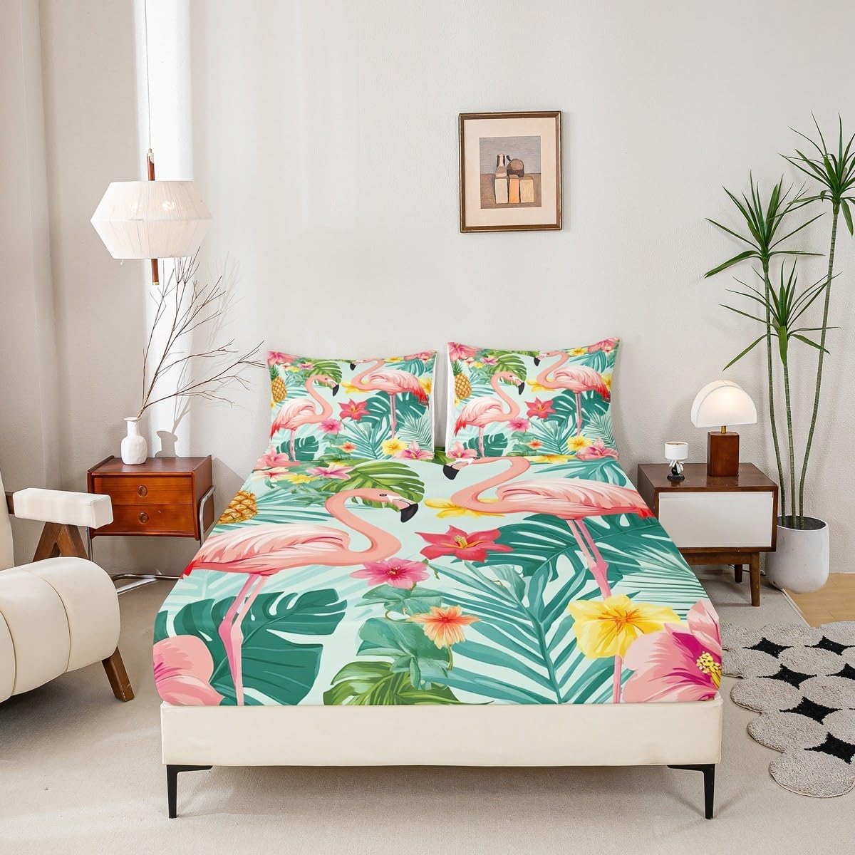 Tropical Flamingo Bedding Set Twin Size, Pink Flamingo Fitted Sheet Palm Tree Print Bedding Set Botanical Bed Cover with 1 Pillow Case (No Flat Sheet)
