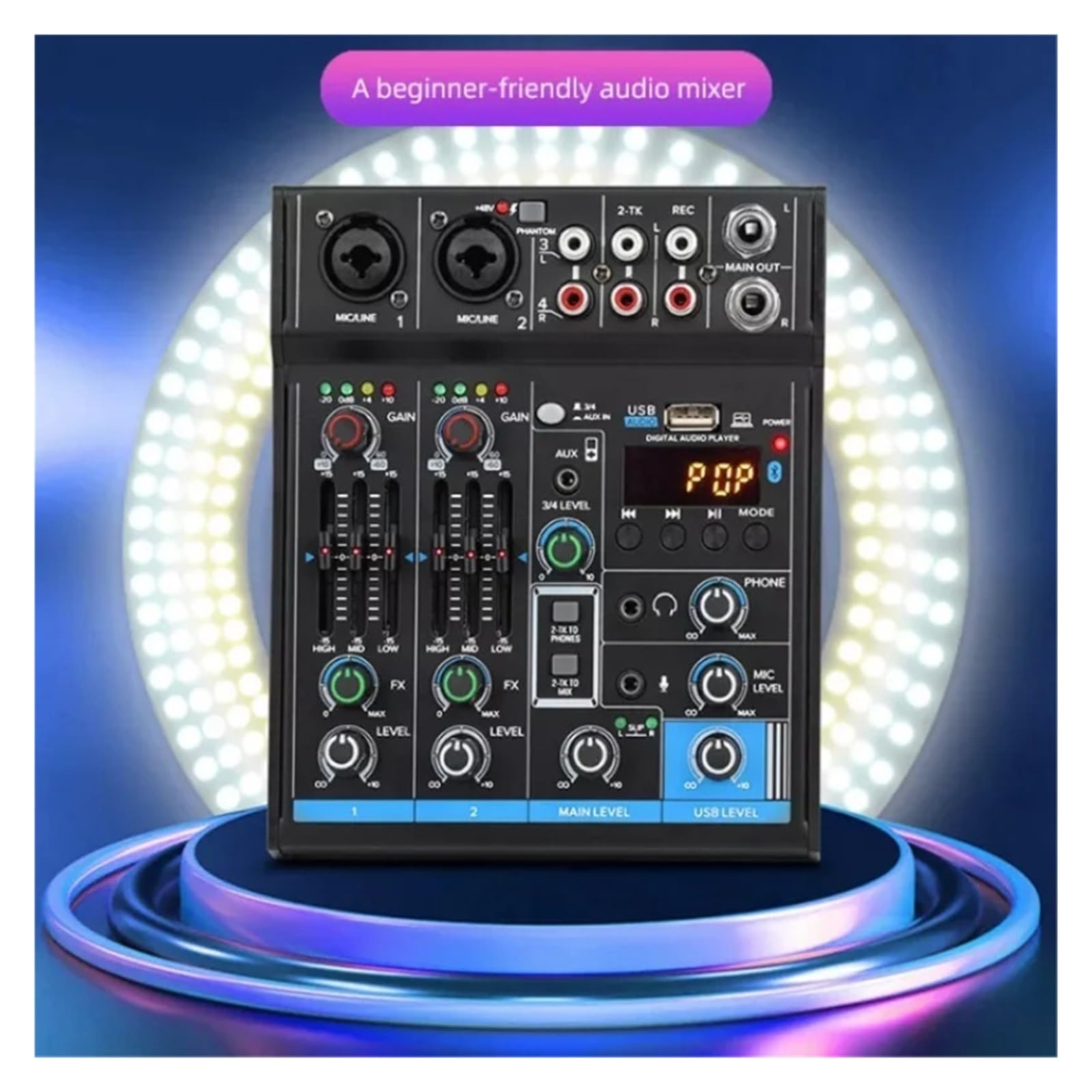 Mixer per DJ, M4 4 canali Console di missaggio Bluetooth Registrazione Computer Riproduzione 48V Alimentazione Phantom Ritardo Ripetizione Effetto USB mixe