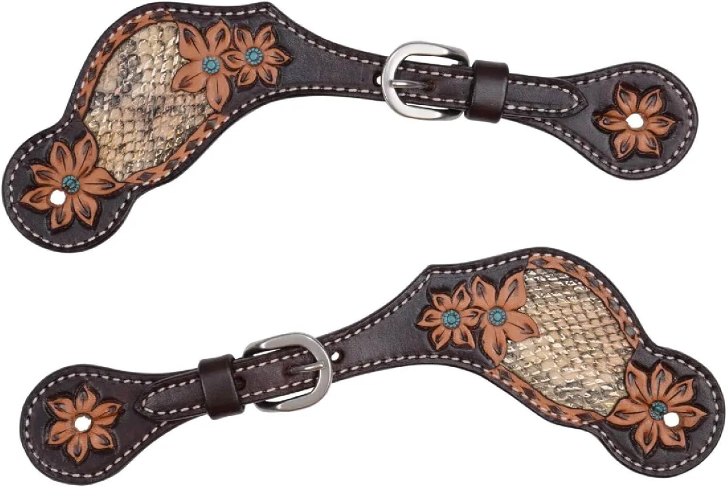 Circle Y Python Pass Spur Straps - Equestrian Vintage Leather Hand-Tooled Floral Design Turquoise Accents Horse Spur Straps