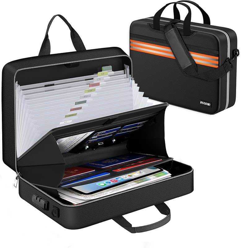 ZOOPIP Accordion File Organizer with Lock, Fireproof Document Bag, Black | 13-Pocket Expanding Folder, Portable Safe Storage for Letter/Legal Size Document, Orange Reflective Strip, 16.1"×4.3"×12.6"