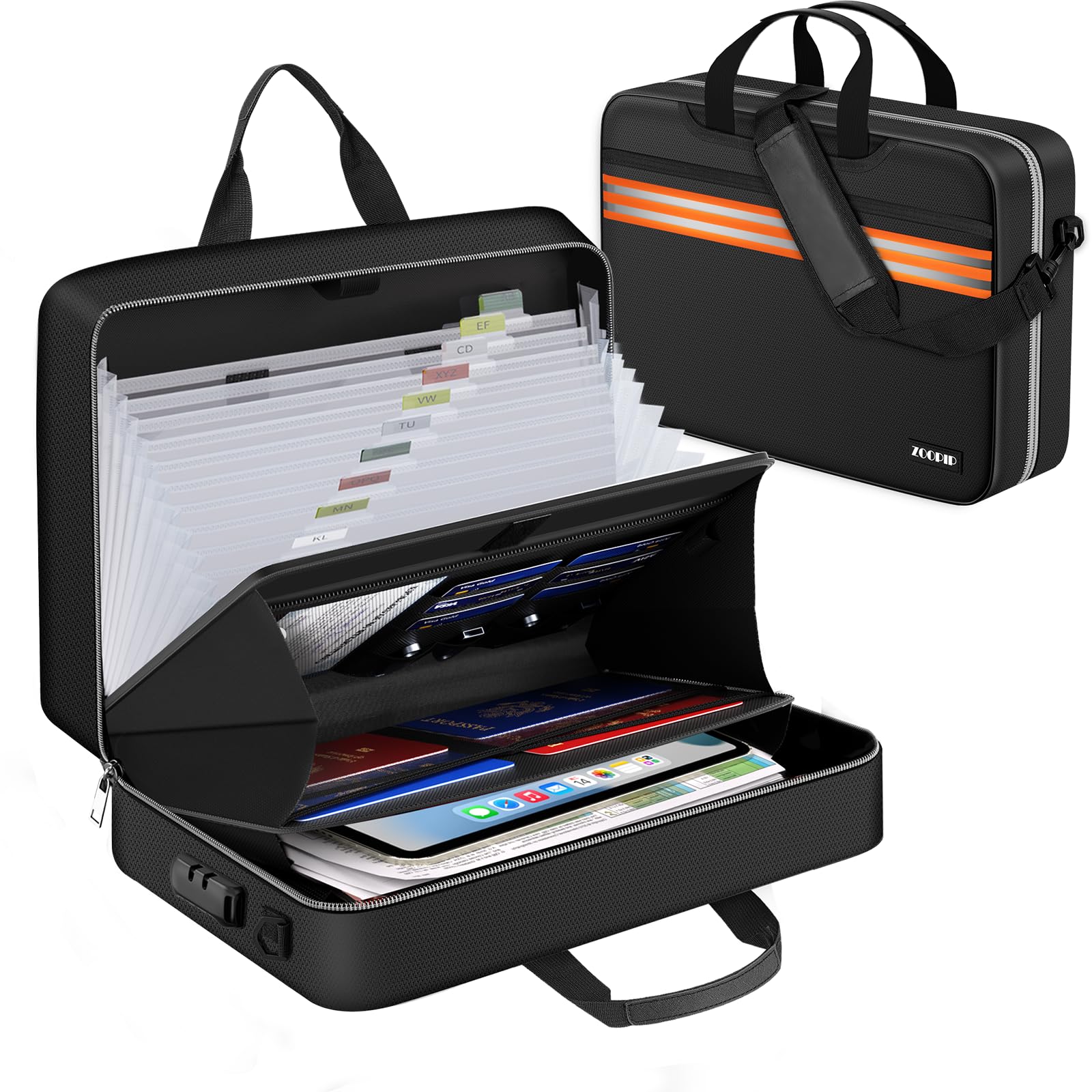 ZOOPIP Accordion File Organizer with Lock,Fireproof Document Organizer Bag with Shoulder Strap,Large 13 Pocket Expanding File Folder,Portable Safe