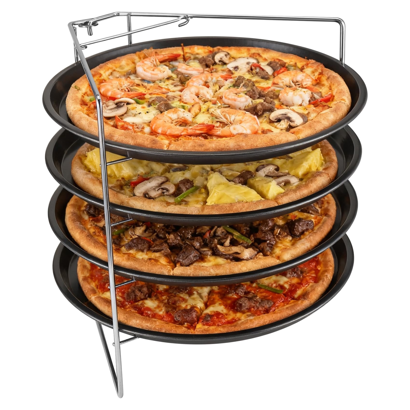 Nagoyuki Pizzablech 4er Set, ø 32 cm Pizzabäcker-Set mit 4 Backblechen und Ständer rundes Pizzabackblech mit Antihaftbeschichtung als Pizza-Backblech und Flammkuchen Blech