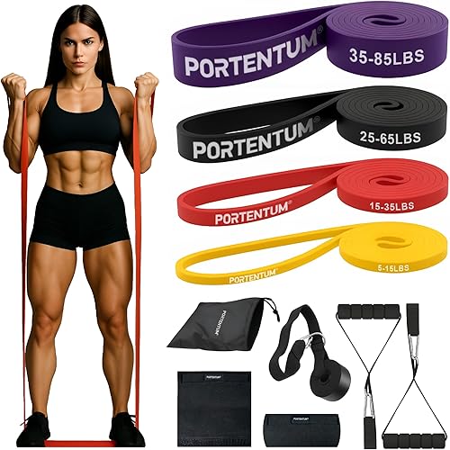 PORTENTUM Gomas elasticas musculacion – Set de Bandas de resistencia 4 o 5 niveles intensidad – Asas, anclaje puerta, fundas y bolsa – Gimnasio en casa hombres y mujeres – Fuerza Fitness Crossfit Yoga