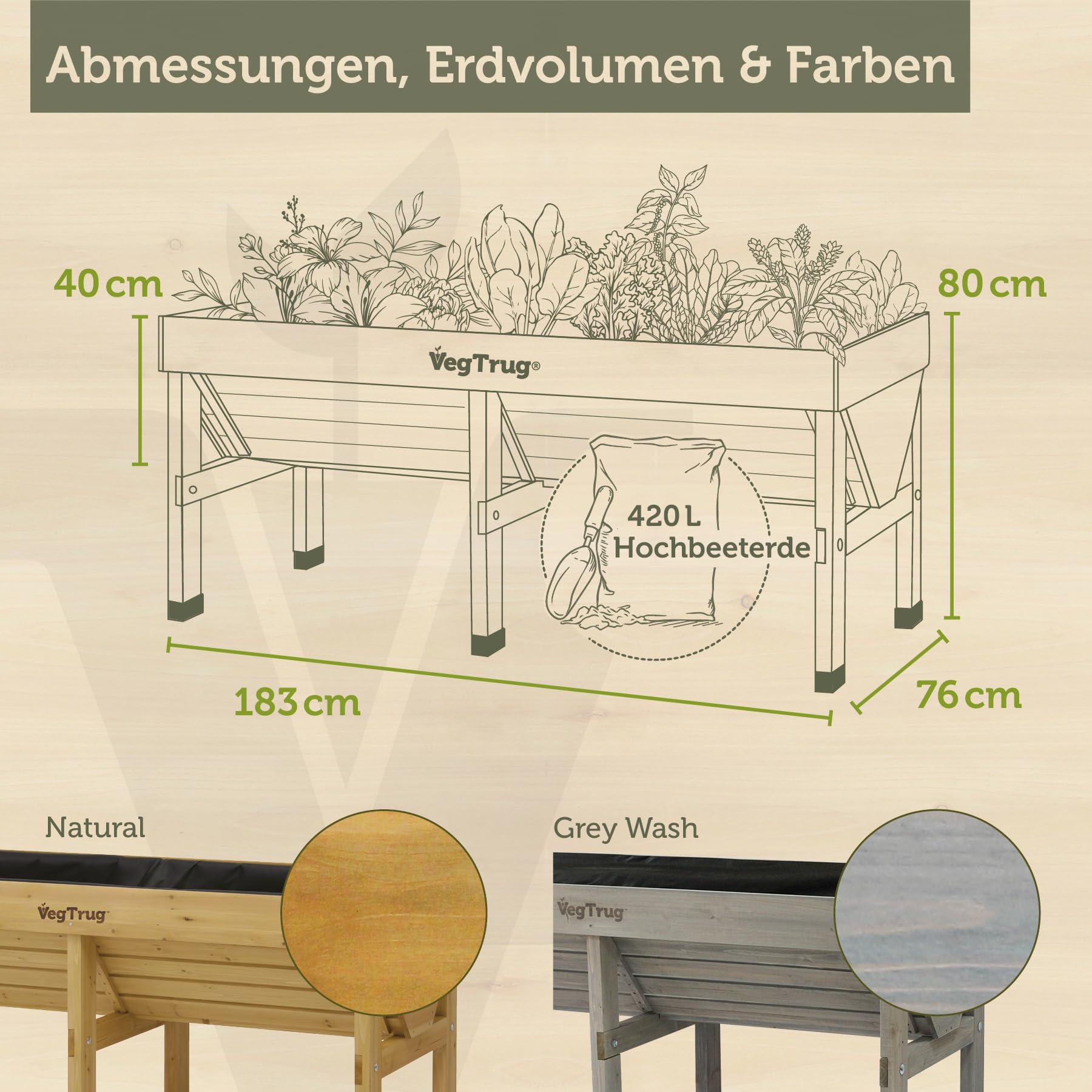 VegTrug Hochbeet Classic 1,8 m - Natural - 183 x 76 x 80 cm - ergonomisch | Pflanzkasten aus 100% FSC-Zedernholz - wetterfest für Balkon, Terrasse & Garten - platzsparendes Pflanzbeet mit Vlieseinlage