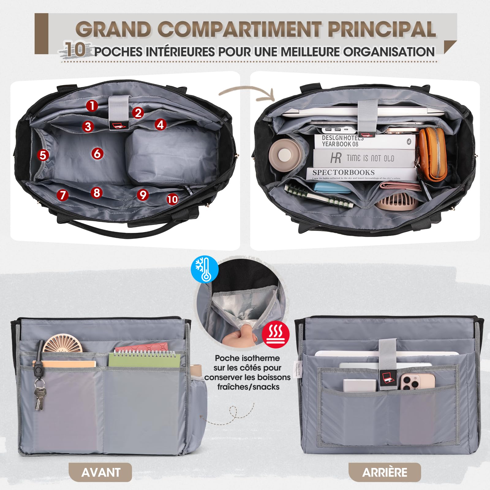 RAINSMORE Sac Enseignant Sac Ordinateur Femme 15,6 Pouces avec Compartiment Isotherme Grand Sacoche Cabas de Travail pour Infirmière Bureau Université Noir
