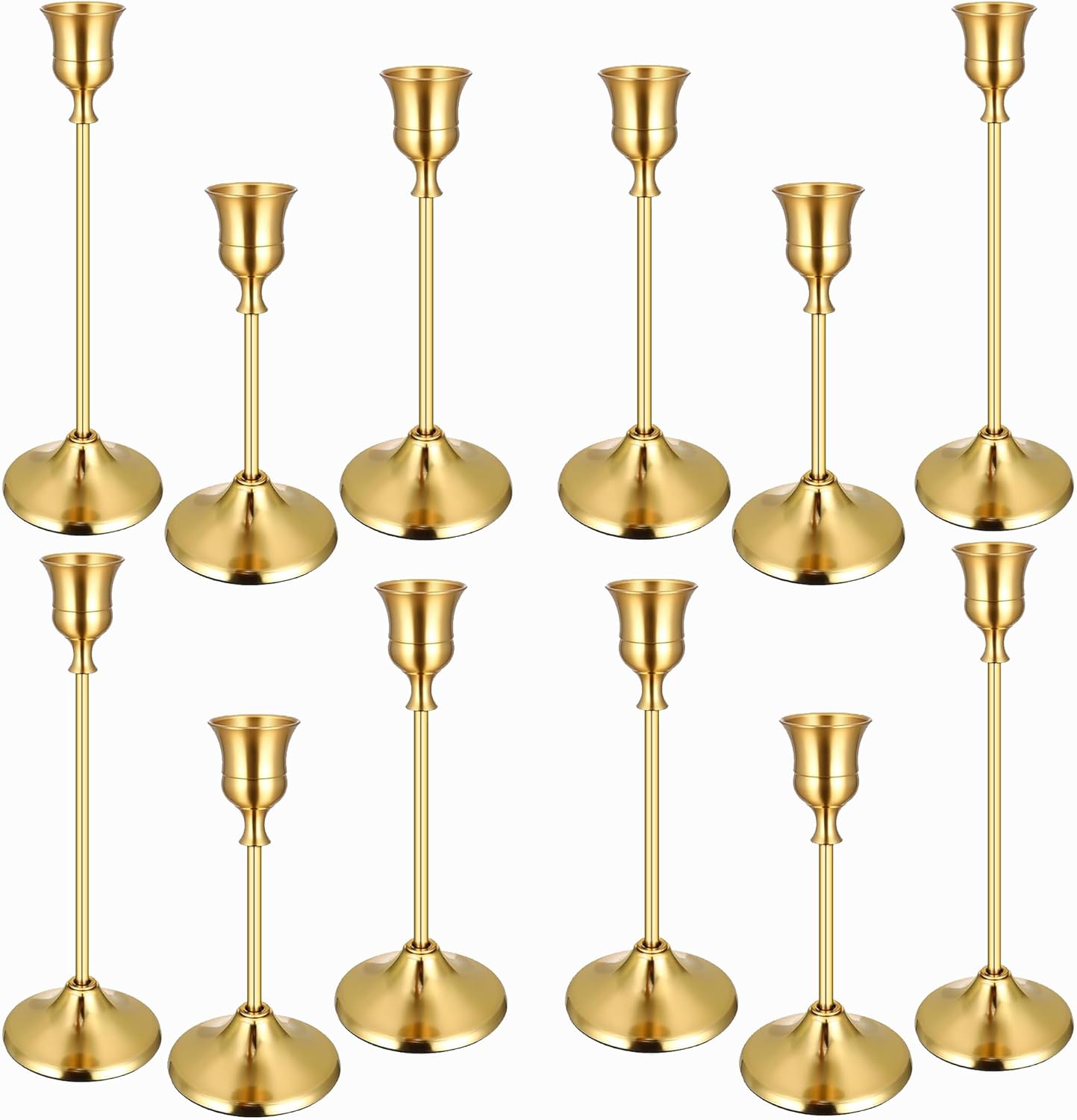12 Pcs Brass Gold Metal Taper Candle Holders, Vintage Modern Decorative Candlestick Holders for Table Mantel Wedding Housewarming