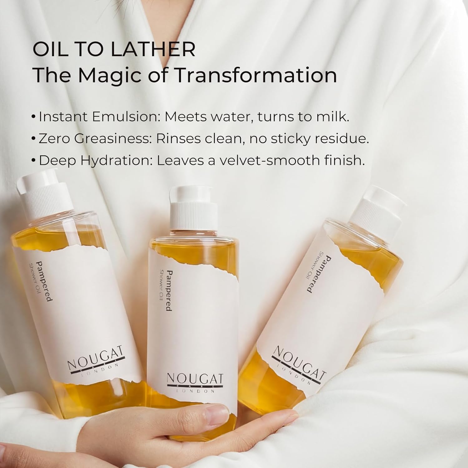 NOUGAT Pampered Shower Oil for Daily Bath Routine, Transforming Oil-to-Milk Body Cleanser for Makeup & Sunscreen Removal, Hydrating Botanical Wash for Dry Skin Relaxation at Home, Exotic Scent, 372g