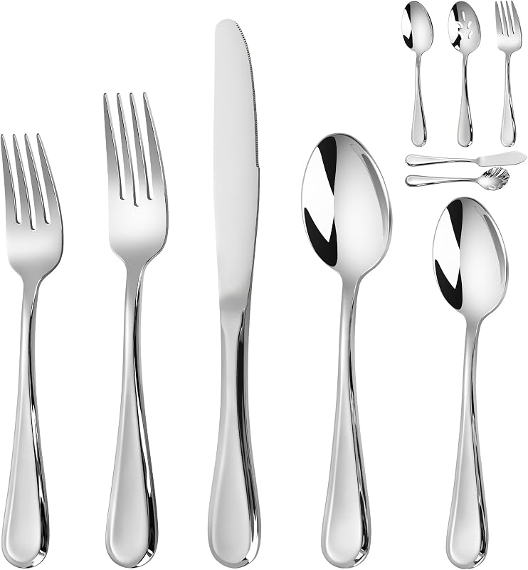 18/10 Stainless Steel Flatware Set for 12, 70-Piece High End Silverware Set, Weighted Flatware Set Includes Spoons Forks Knives and 2 Sets of Serving Utensils