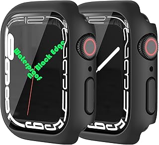 HANKN (2 Pack No Black Edge Waterproof Hard Case for Apple Watch Series 11 10 46mm Tempered Glass Screen Protector Case, Full Protective Anti-Scratch Iwatch Bumper Cover (Black, 46mm-Waterproof)