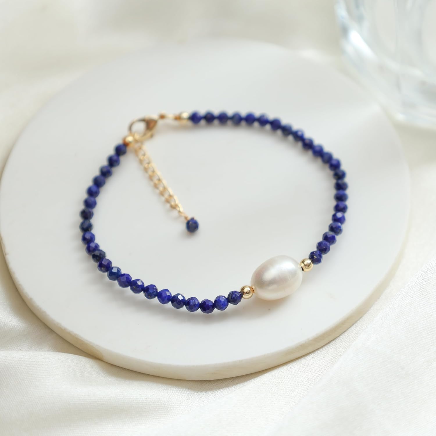 Gempires Handmade Beaded Crystal Bracelets with Freshwater Pearl Gemstone Jewelry Hypoallergenic 7.5 Inch Gold Plated Everyday Wear Bracelet Gifts (Lapis Lazuli) - Image 2