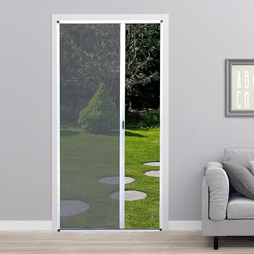 No-Drilling Retractable Screen Door, Folding Sliding Screen Doors with Aluminum Frame for Patio French Front Door Bedroom kitchen, Custom Screen for Single/Double Door, Customize Size, White