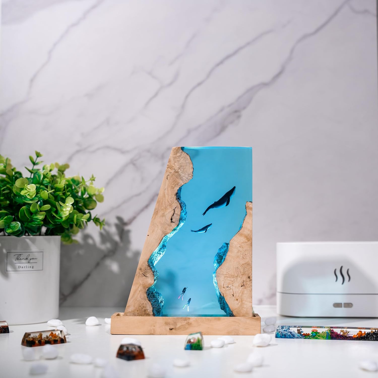 Underwater Resin Lamp Featuring Whale and Diver – Multi-Color LED Ocean Light – Unique Handmade Nautical Decor for Bedroom or Living Room – Great Gift for Marine Adventure Seekers Birthday Gift (L)