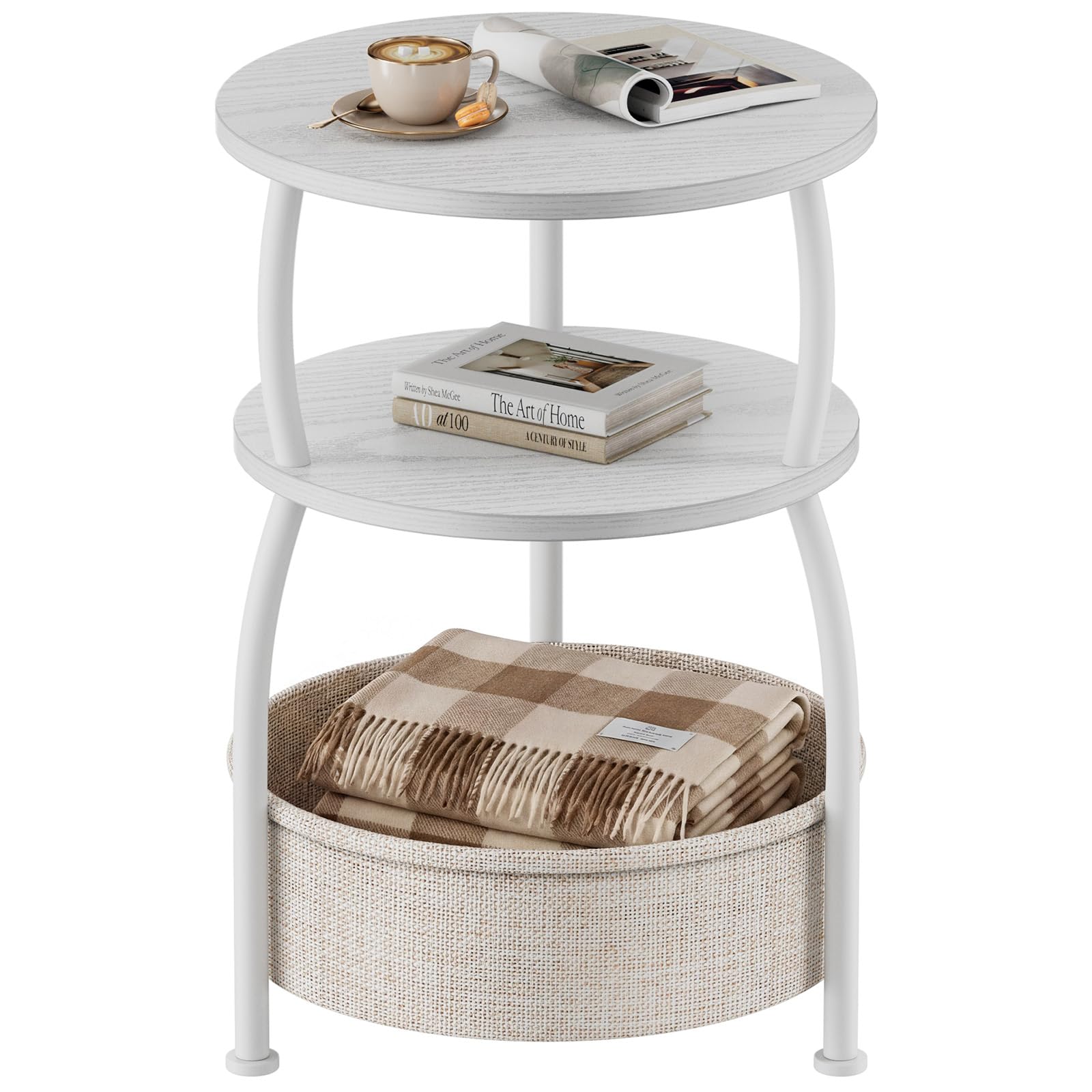 Yuede Side Table with Fabric Basket, Round End Table, 3 Tier Bedside Table, Coffee Table for Living Room, Bed Room, Modern, 40 x 61 cm, White