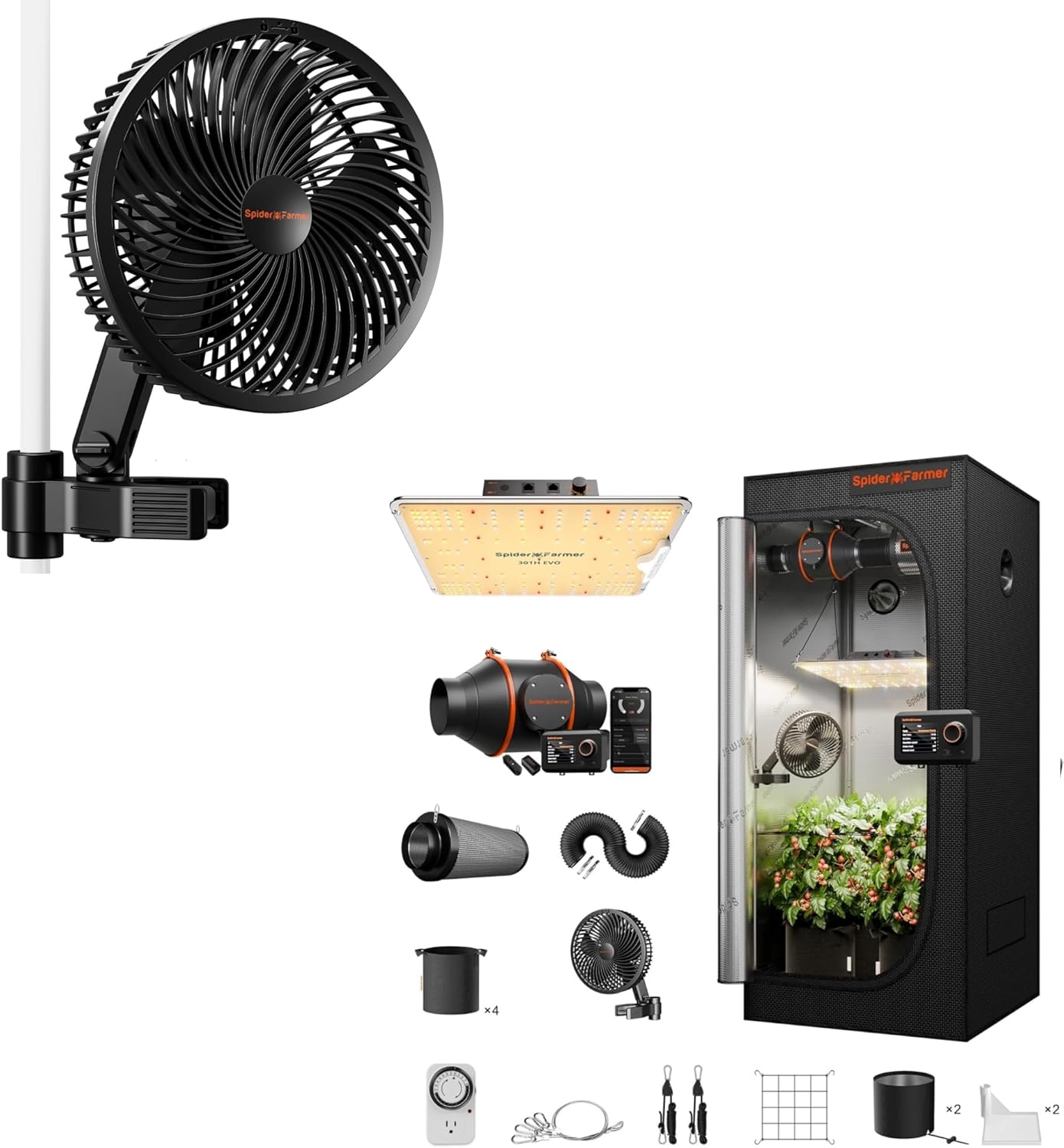 Spider Farmer New Grow Tent Fan 6" and Spider Farmer EVO Grow Tent Kit Complete 2.3x2.3 SF-1000 Samsung LM301H Dimmable