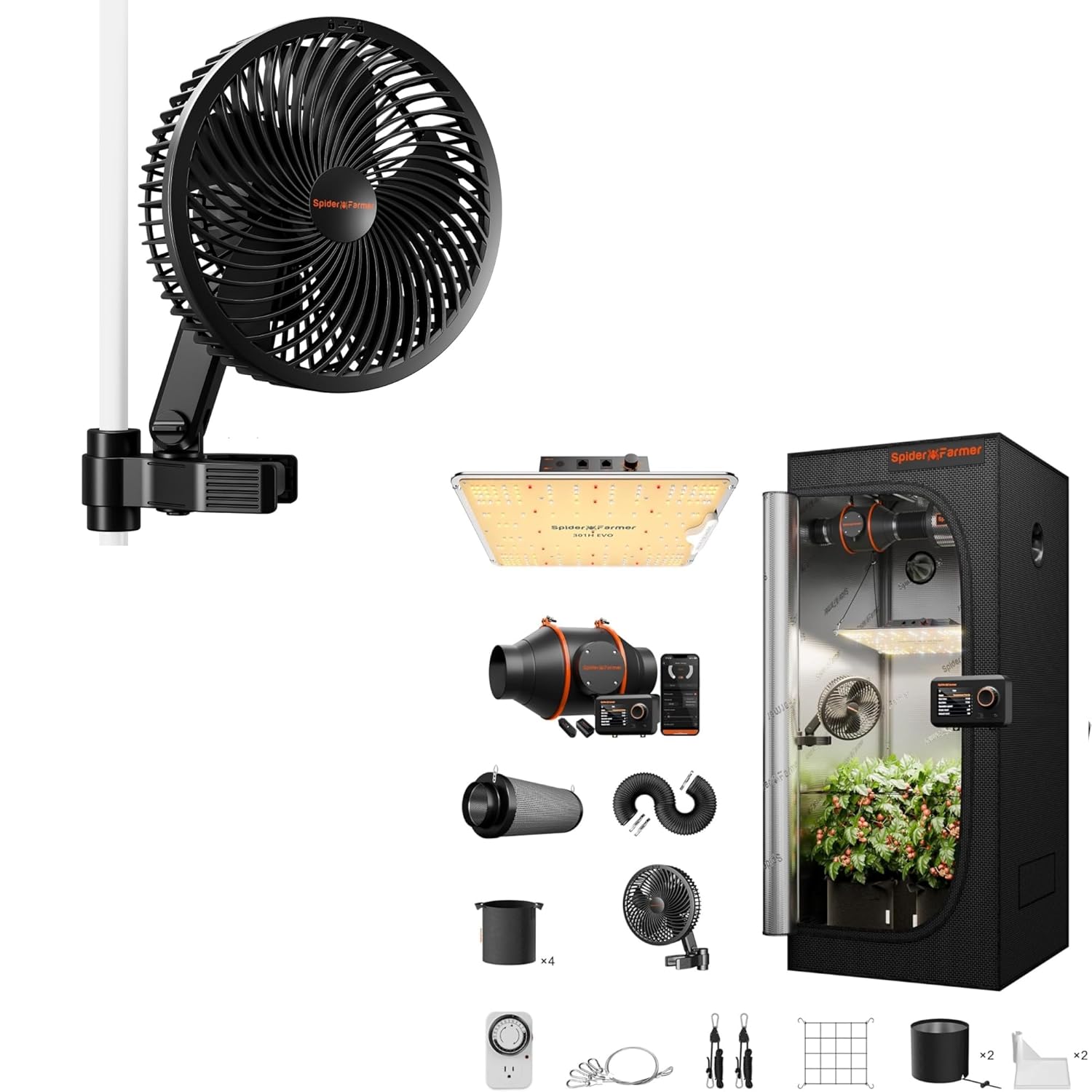 Spider Farmer New Grow Tent Fan 6 and Spider Farmer EVO Grow Tent Kit Complete 2 3x2 3