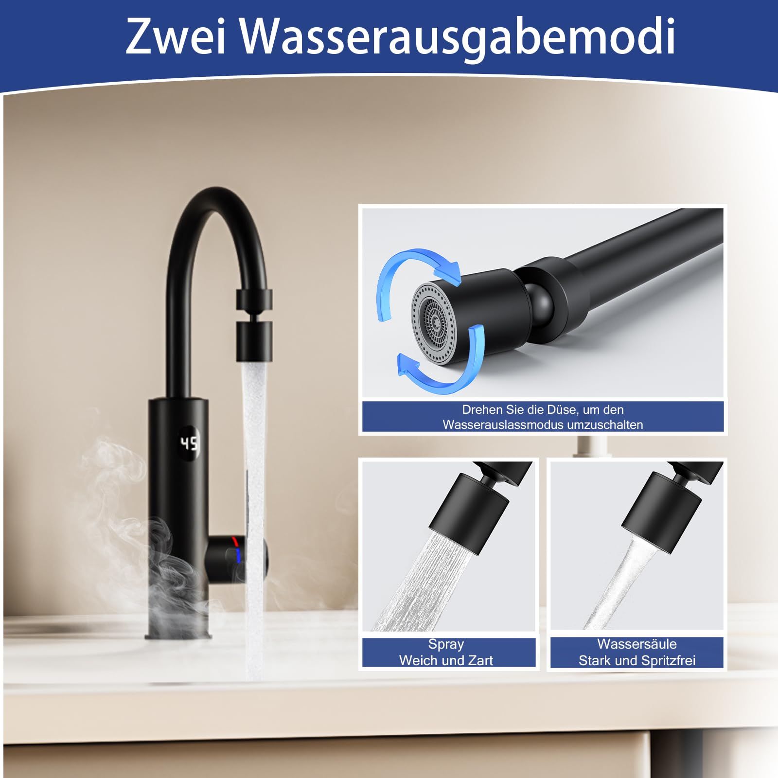 ESOP Wasserhahn mit Durchlauferhitzer, Elektrischer Wasserhahn 2 Modus | 220V 3200W Küchenarmatur mit LED Display, 360º Drehbar Auslauf, 304 Edelstahl Wasserhahn Elektrisch für Küche, Schwarz