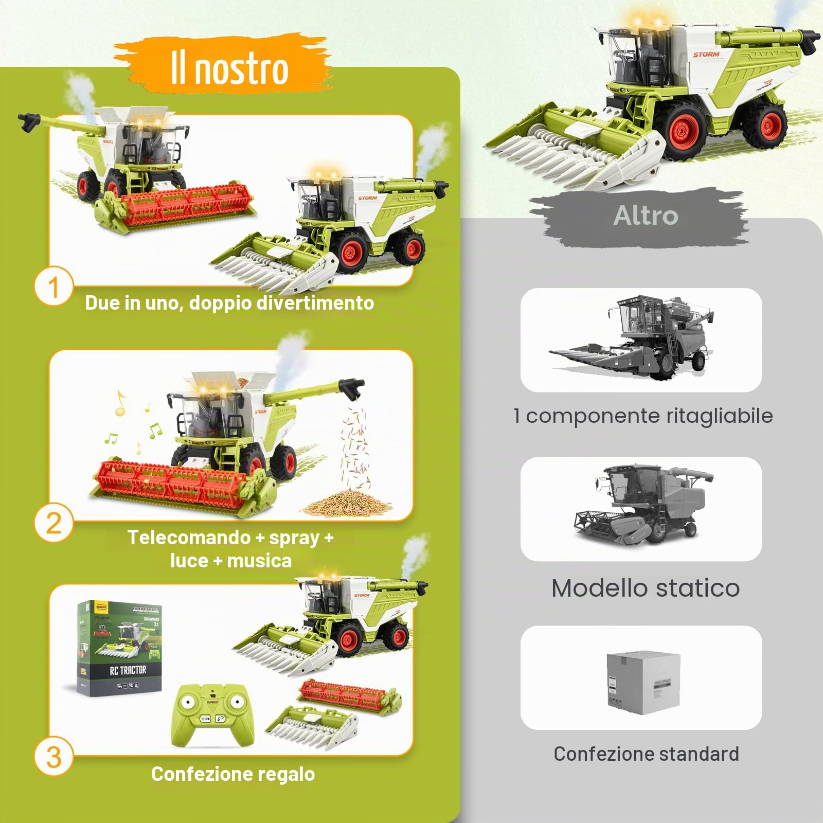 RC Mietitrebbia giocattolo radiocomandato mietitrebbia, trattore RC Harvester grande con spruzzatura, luce e suono, 2,4 GHz, 1:24, regalo per feste per bambini dai 3 4 5 6 anni in su