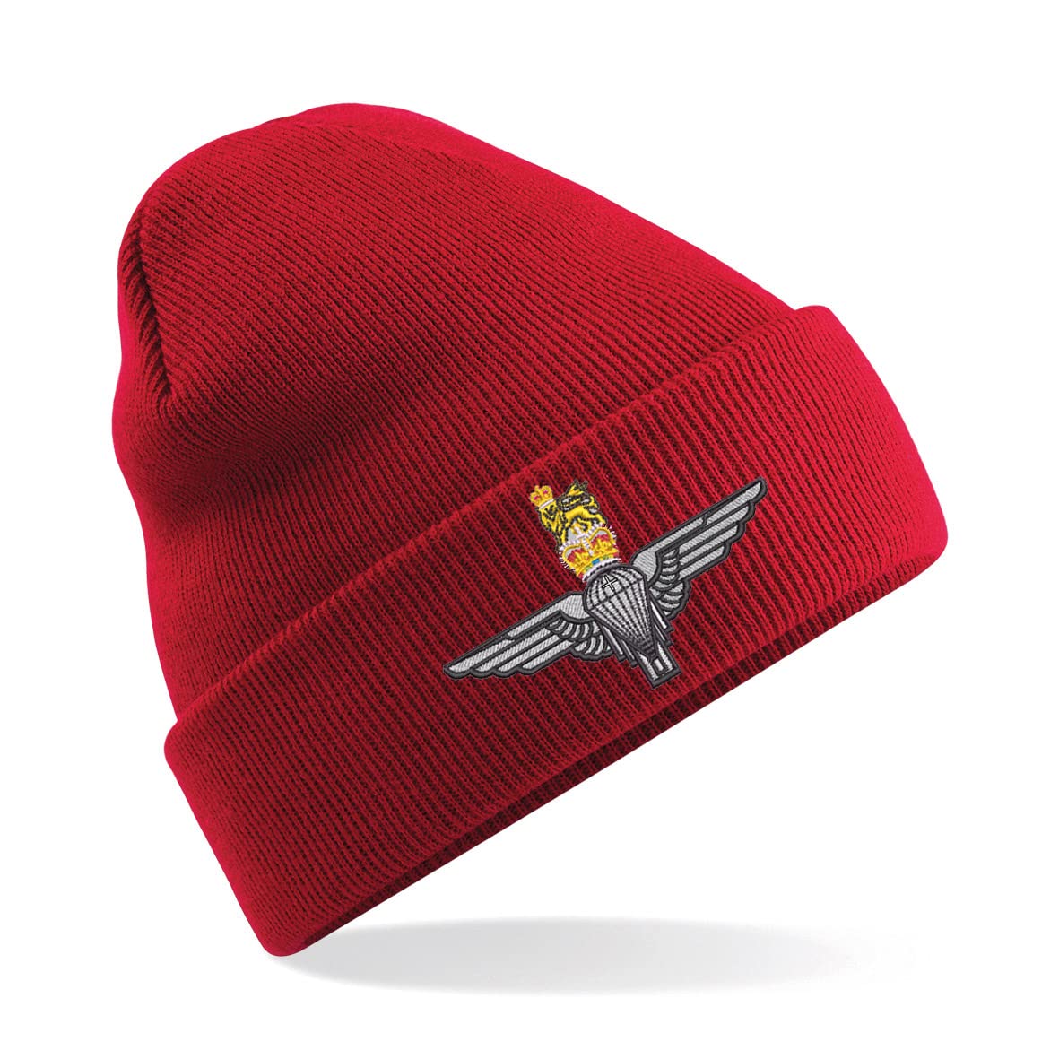 Parachute Regiment Paratrooper Paras Insignia Mens Premium Embroidered Beanie Hat, Bob Hat British Army Military (Red)