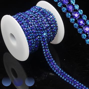 PEARLY JUN 3 Yards 3 Rows Capri Blue Rhinestone Chain Bling Crystal Trips Diamond Applique Silver Fringe Trim for Crafts Dress Applique Clothing Sewing Embellishments