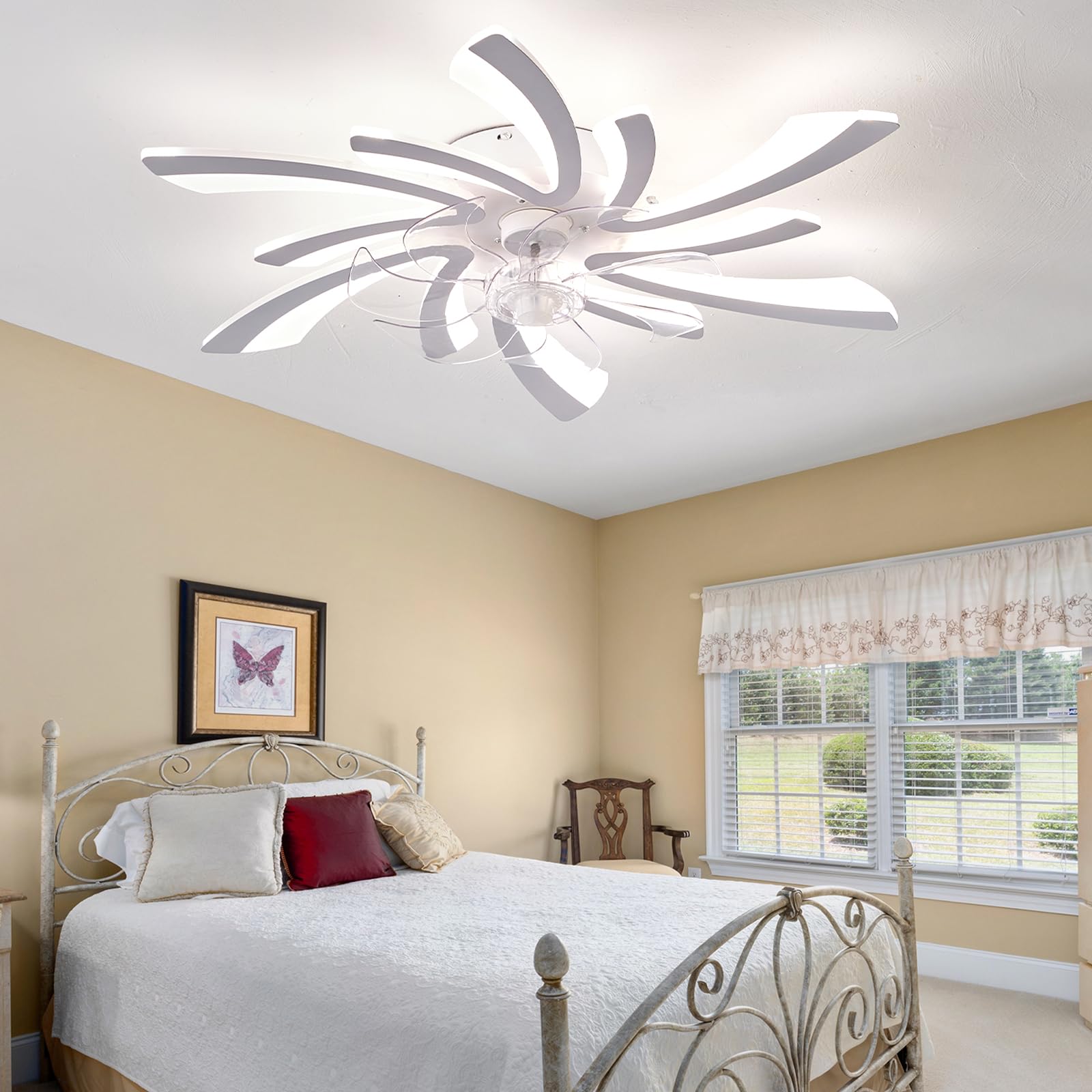 SXDMOUBK Silent Ceiling Fans with Lights and Remote Control Dimmable 6 Speed Living Room Fan Light Ceiling 30.7 in Dc Timer Reversible Ceiling Light with Fan Bedroom Modern Smart-White