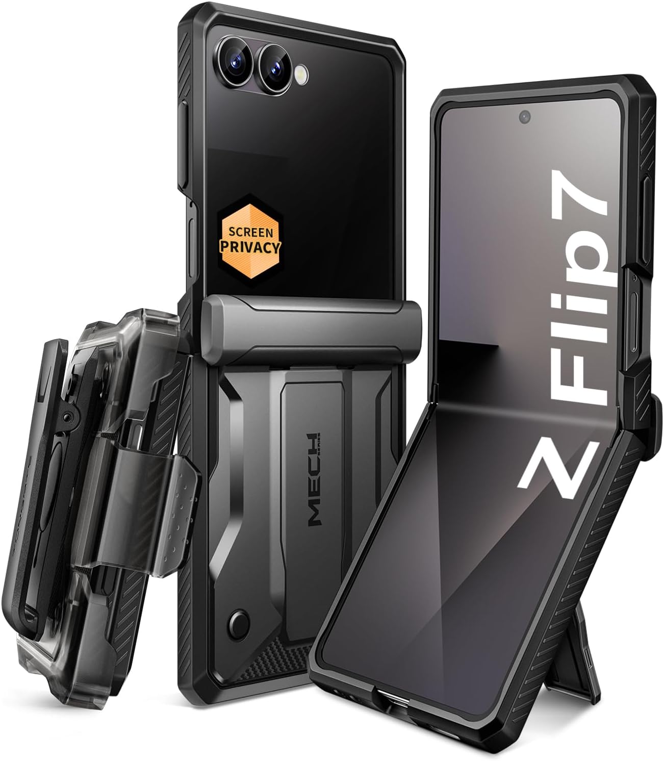 TONGATE for Samsung Galaxy Z Flip 7 Case with Privacy Screen Protector, [Stand & Belt-Clip] [Hinge Protection] [Anti-Slip], Full-Body Military Grade Protective Phone Case for Z Flip 7 5g 2025, Black