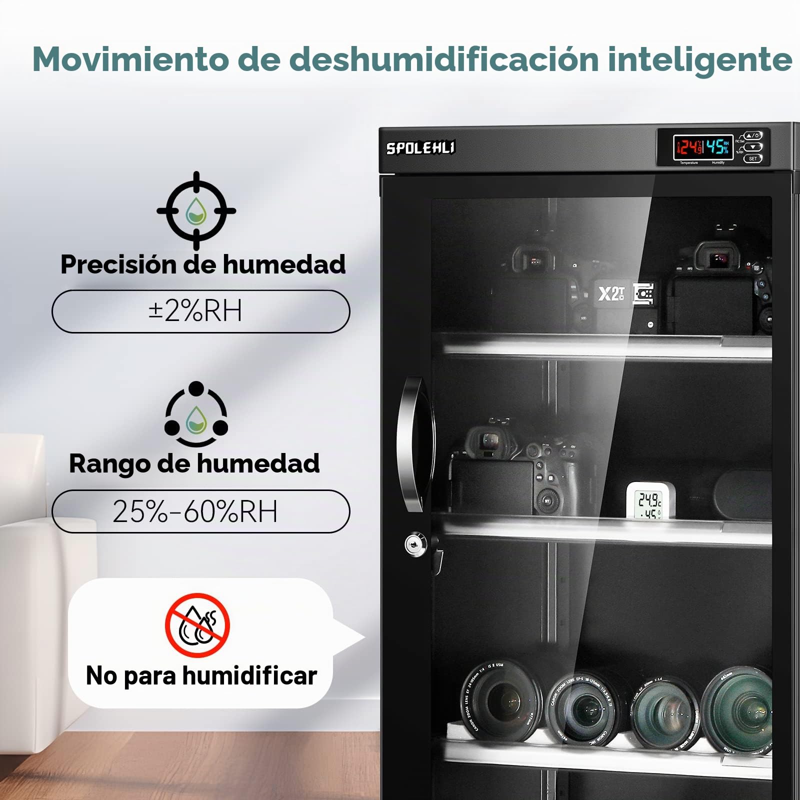 Gabinete Seco para Cámaras Lentes 105L Deshumidificador de Productos Electrónicos Armario a Prueba de Humedad con Luces LED