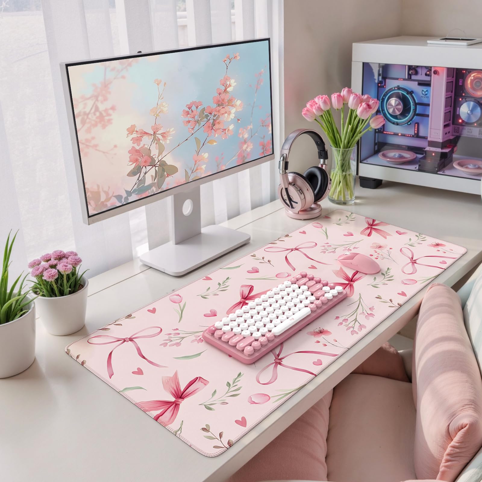 HAOCOO Cute Floral Desk Mat, Large Waterproof Mouse Pad, Girly Desk Matt for Desktop, 35.4" x 15.7" Non-Slip Keyboard Pad, Computer Mat with Stitched Edge, Office Decor Home Desk Accessories (): Pink Bow