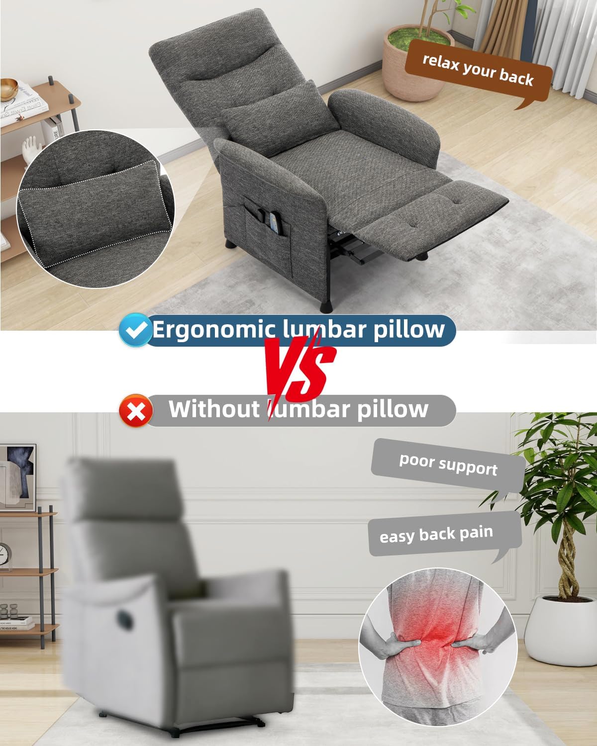 Recliner Chair for Adults, Ergonomic Adjustable Recliner Sofa with Side Pocket, Tall Back, Wide Arms and Padded Seat, Comfortable Chair for Living Room and Home Theater