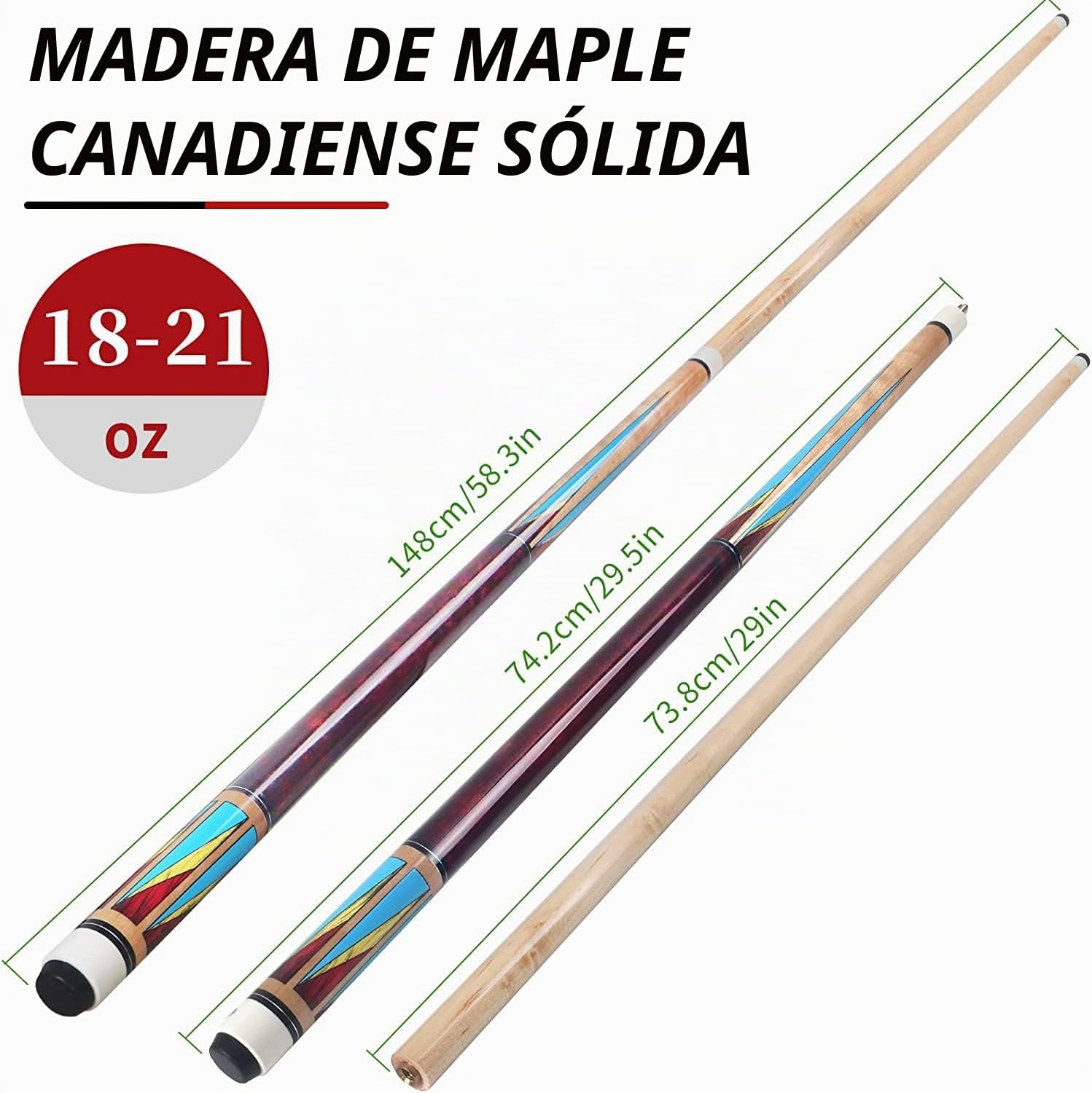 AKLOT Taco de Billar, Juego de Tacos de Billar de 58 Pulgadas, Palo de Billar de Madera de Arce Canadiense, Palos de Billar para Jugadores Profesionales de Billar de 18, 19, 20, 21 onzas(510-595g)
