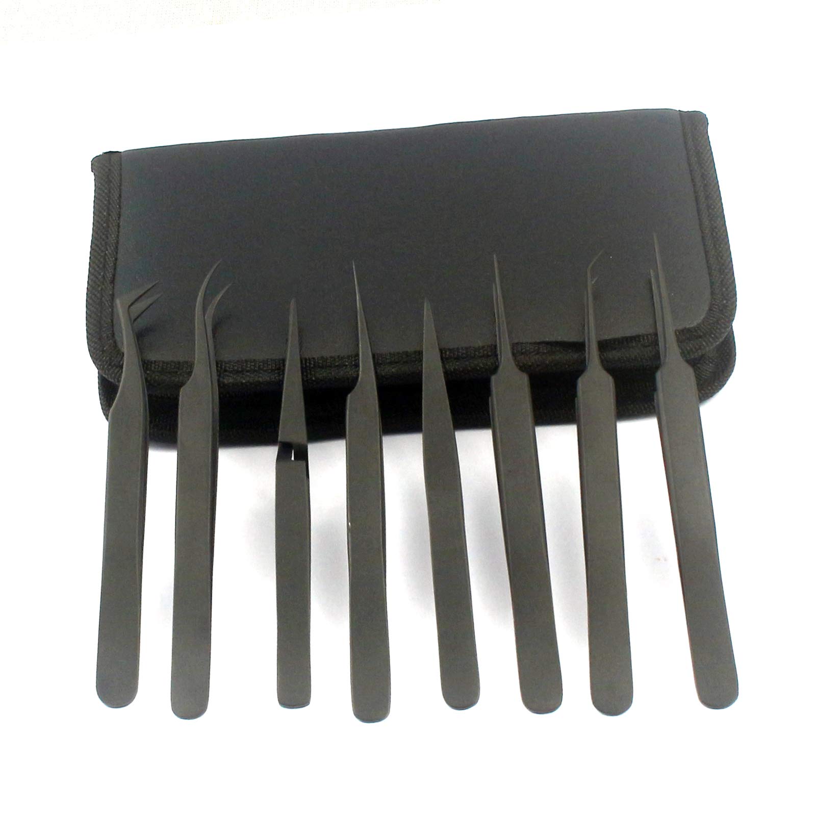 LAJA IMPORTS Set of 8 Piece Stainless Steel Black Color Eyelash Extension Tweezers