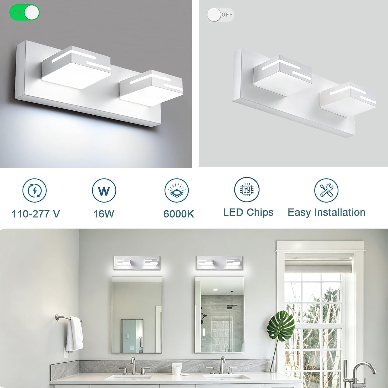 LED Modern Bathroom Vanity Light Fixtures, Dimmable White Vanity Lights for Bathroom Lighting Fixtures Over Mirror, with 360° Rotatable Acrylic Heads 2-Light 16-inch (Cool White 6000K) thumbnail