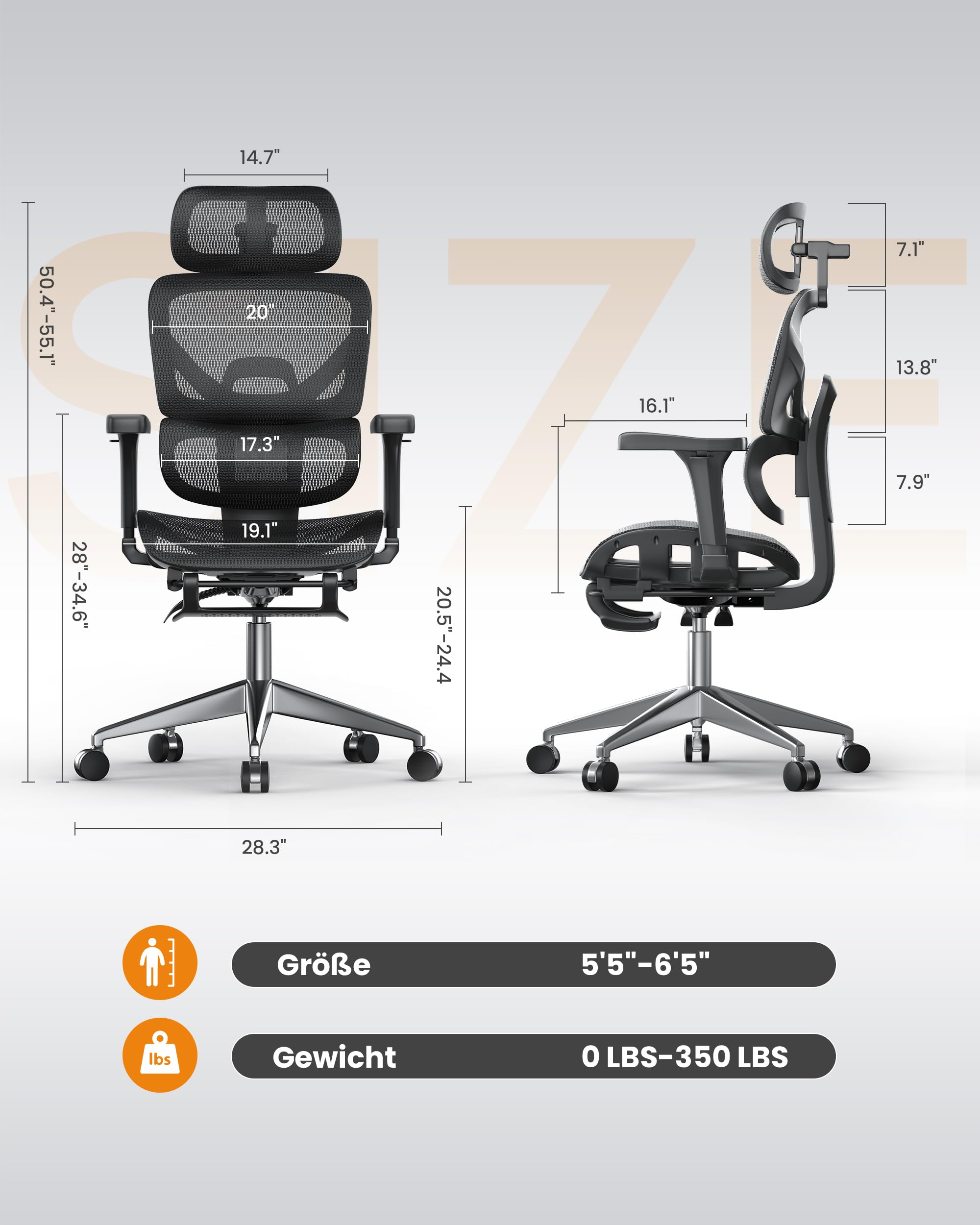naspaluro Bürostuhl Ergonomisch, Schreibtischstuhl mit hoher Rückenlehne aus Netzgewebe, Belastbarkeit 160 kg, 3D-Armlehnen, Kopfstütze, Fußstütze, Office Chair für Home, Arbeit und Gaming