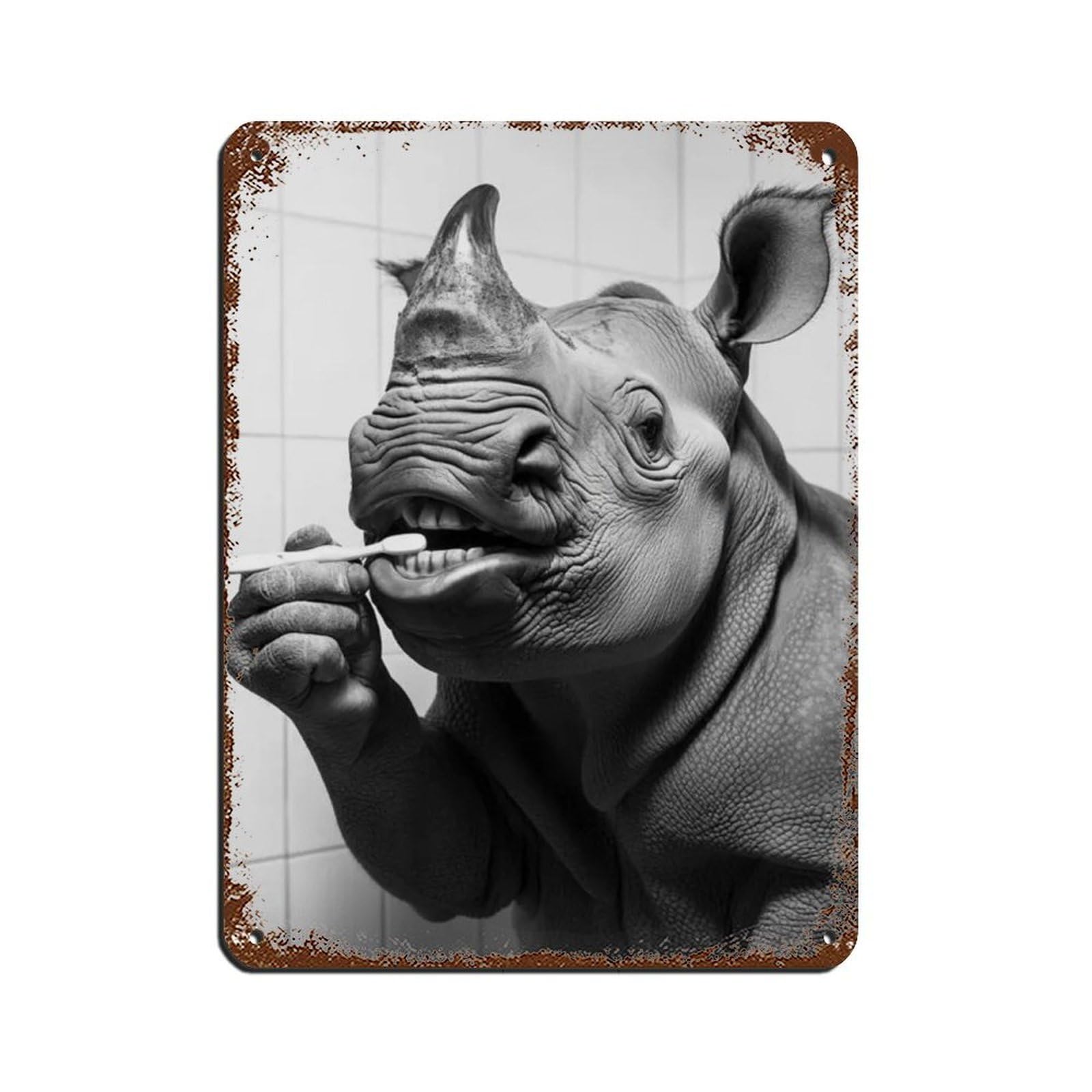 Lxwnze 30L X 40W Cm Rhino Brushing Teeth, Funny Bathroom Art Tin Sign Vintage Metal Pub Club Cafe Bar Home Wall Art Decoration Poster Retro 12X16inch(30X40cm)