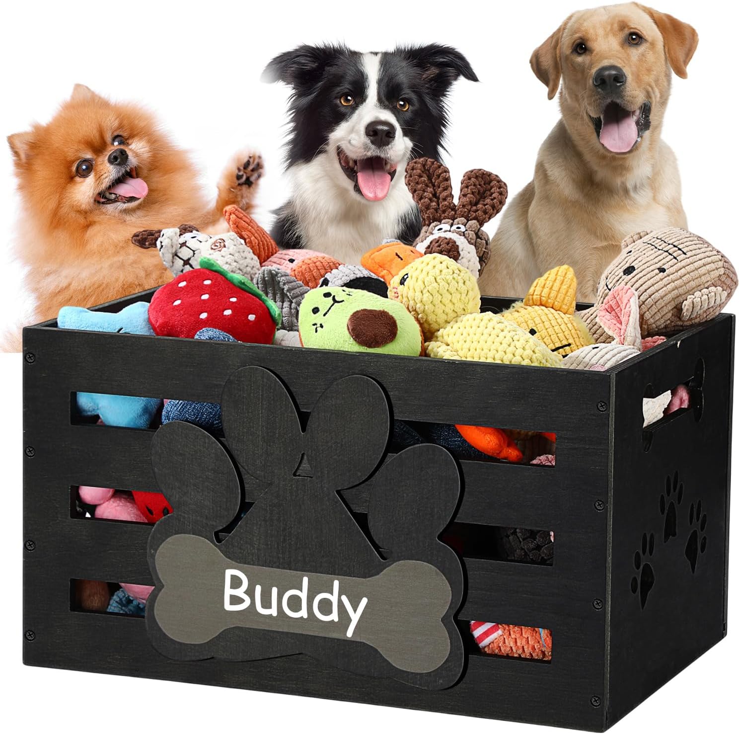 large dog toy basket wood dog toy bin storage baskets box with handles and label position design large organizer with paw pattern print for pets toys food blankets clothes 18"x12"x10"