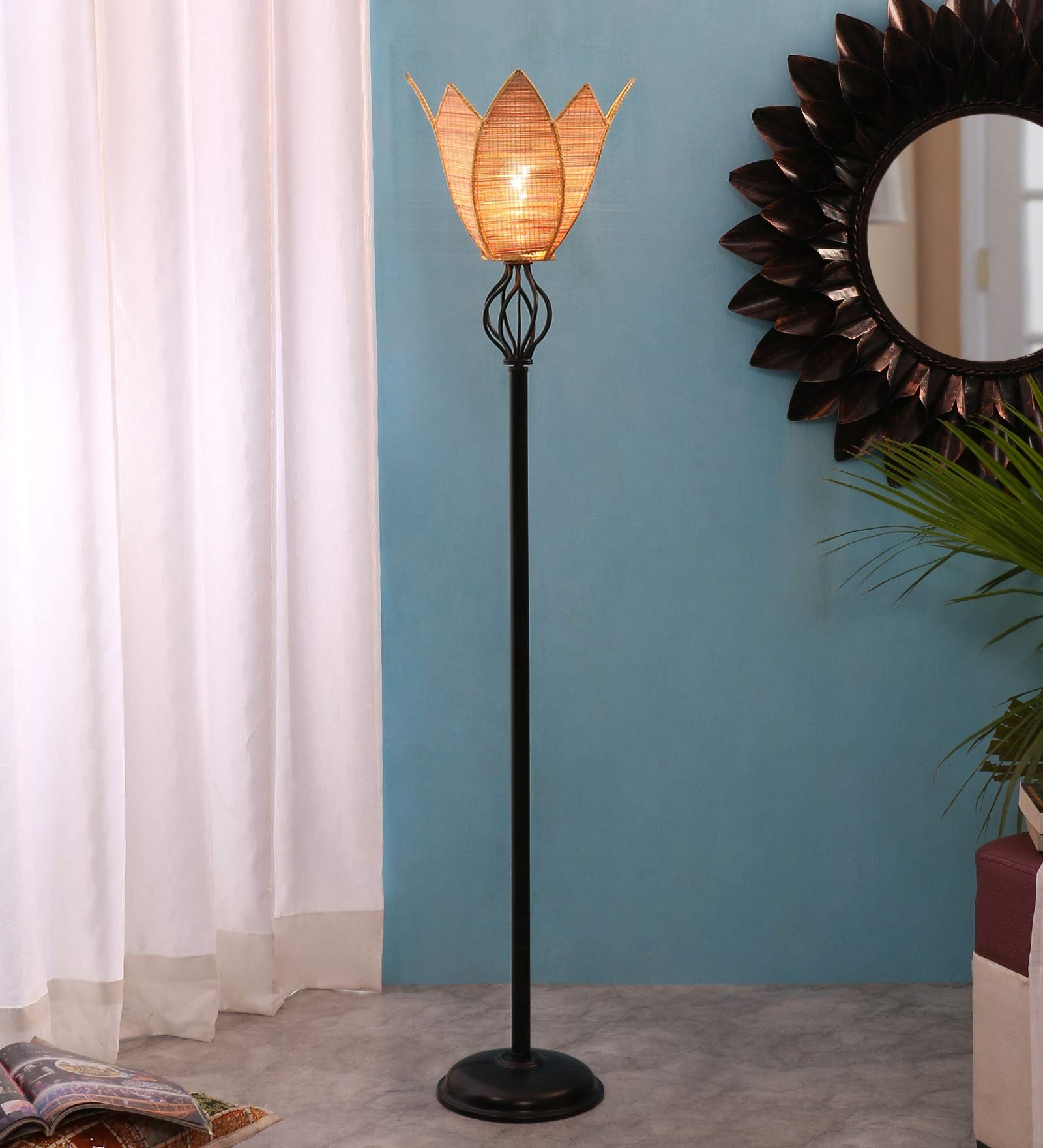 Devansh Natural Lotus Bamboo Basket Fashionable Wrought Iron Floor Lamp (Bamboo)-image-15