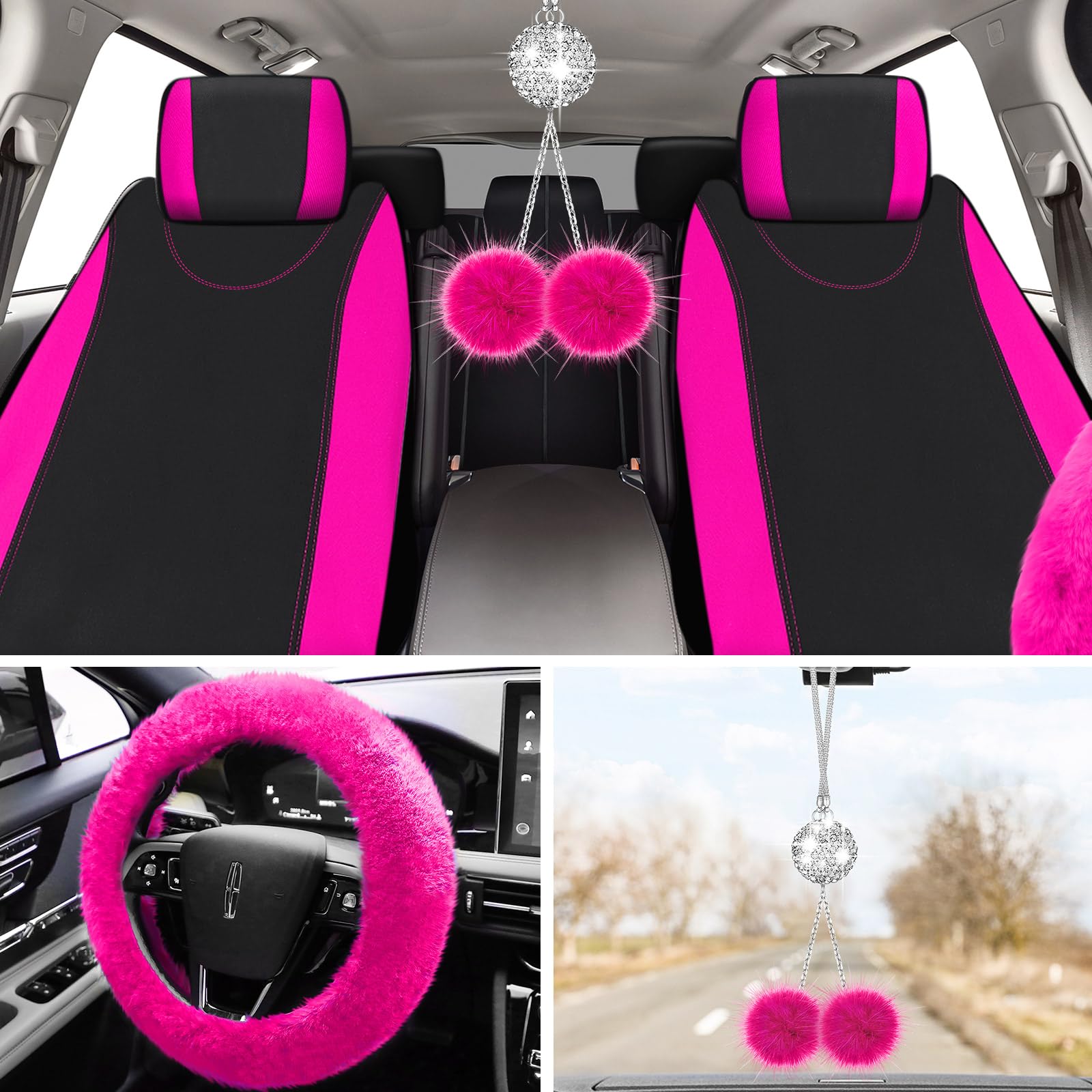 Fluffy Steering Wheel Cover Fulmoon 17 Pcs Car Seat Cover Full Set