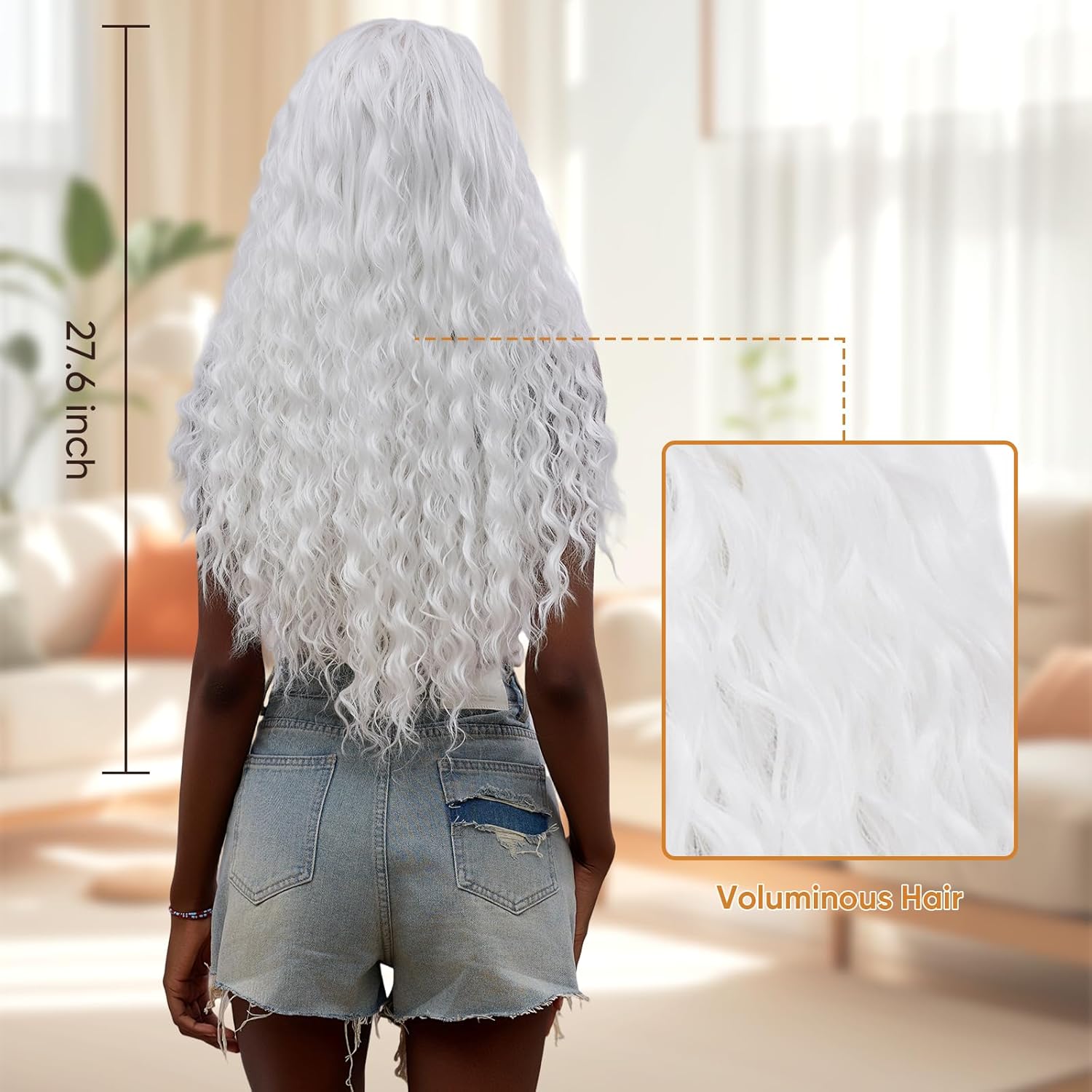 Long White Synthetic Lace Front Ready to Wear and Go Real Human Hair Deep Wave Half Wig, 27.6in Natural Glueless Curly Headband Wavy Wigs for Women(White)