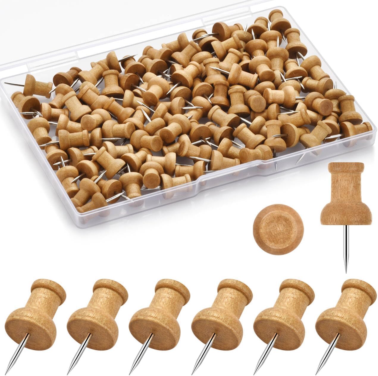 Uclever Brown 120Pcs Wood Push Pins Thumb Tacks For Decorative, Cute Cork Board Thumbtacks For Wall And Bulletin Board, Map Pins (Brown)