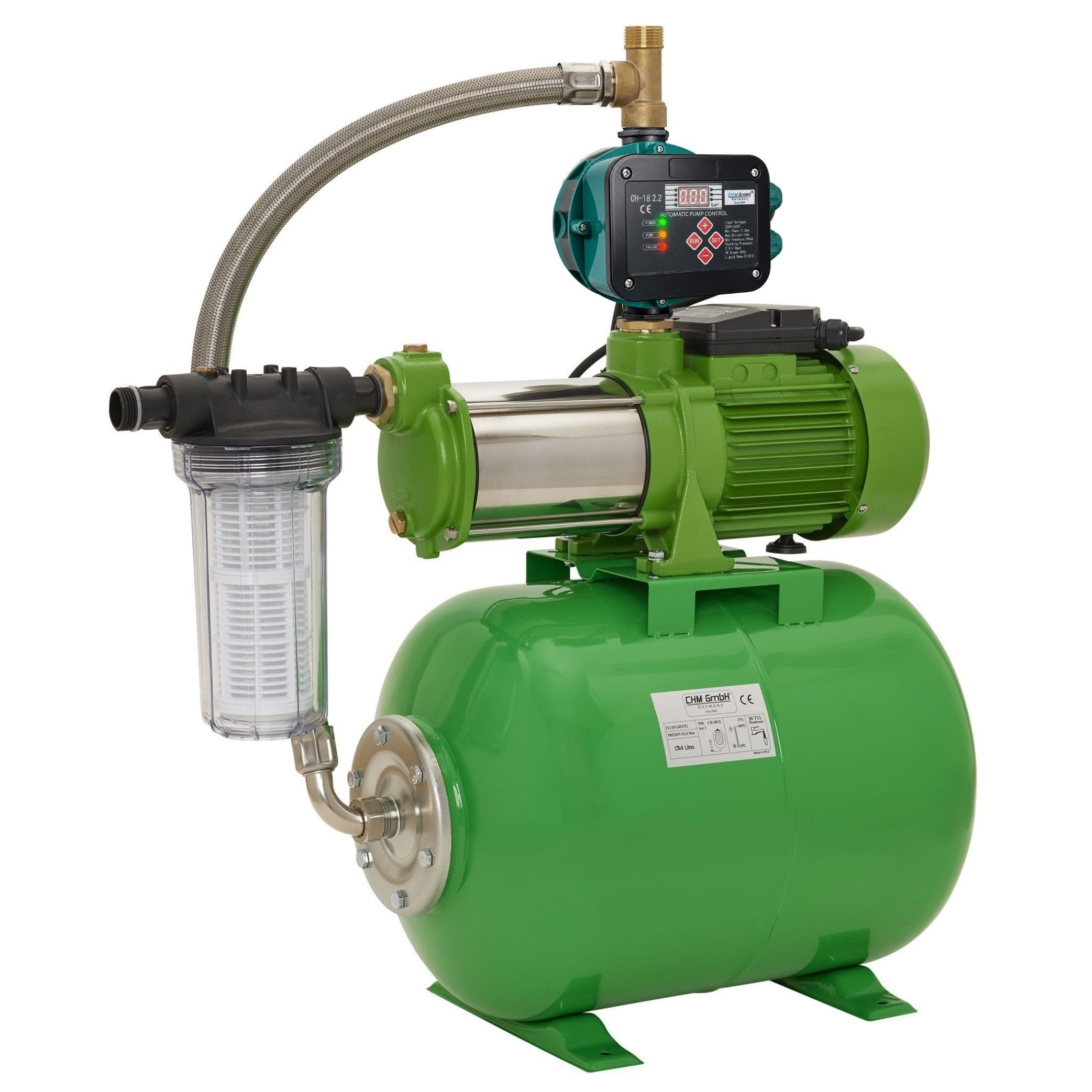 Hauswasserwerk 50 L 10.000 L/h Gartenpumpe Edelstahl 2100 Watt 7,8 Bar einstellbarer Druckschalter/Trockenlaufschutz