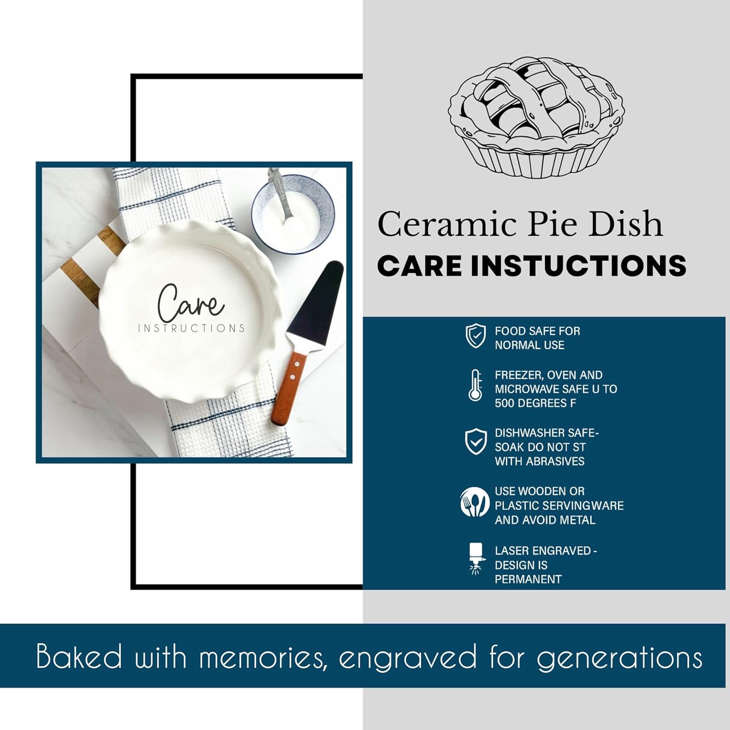 Personalized Ceramic Pie Dish, Round Stoneware Baking Plate, Laser Engraved Handwritten Recipe Design, Dishwasher and Oven Safe (Farmhouse)