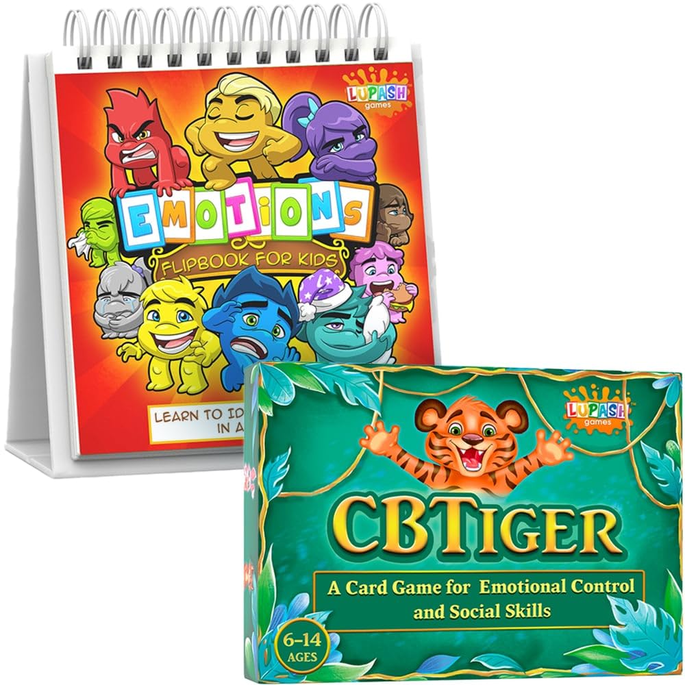 Lupash GamesCBTiger Therapy Card Game for Kids - Develop Social Skills and Emotional Awareness & Feelings Flipbook for Kids - Learn to Identify 20 Different Emotions