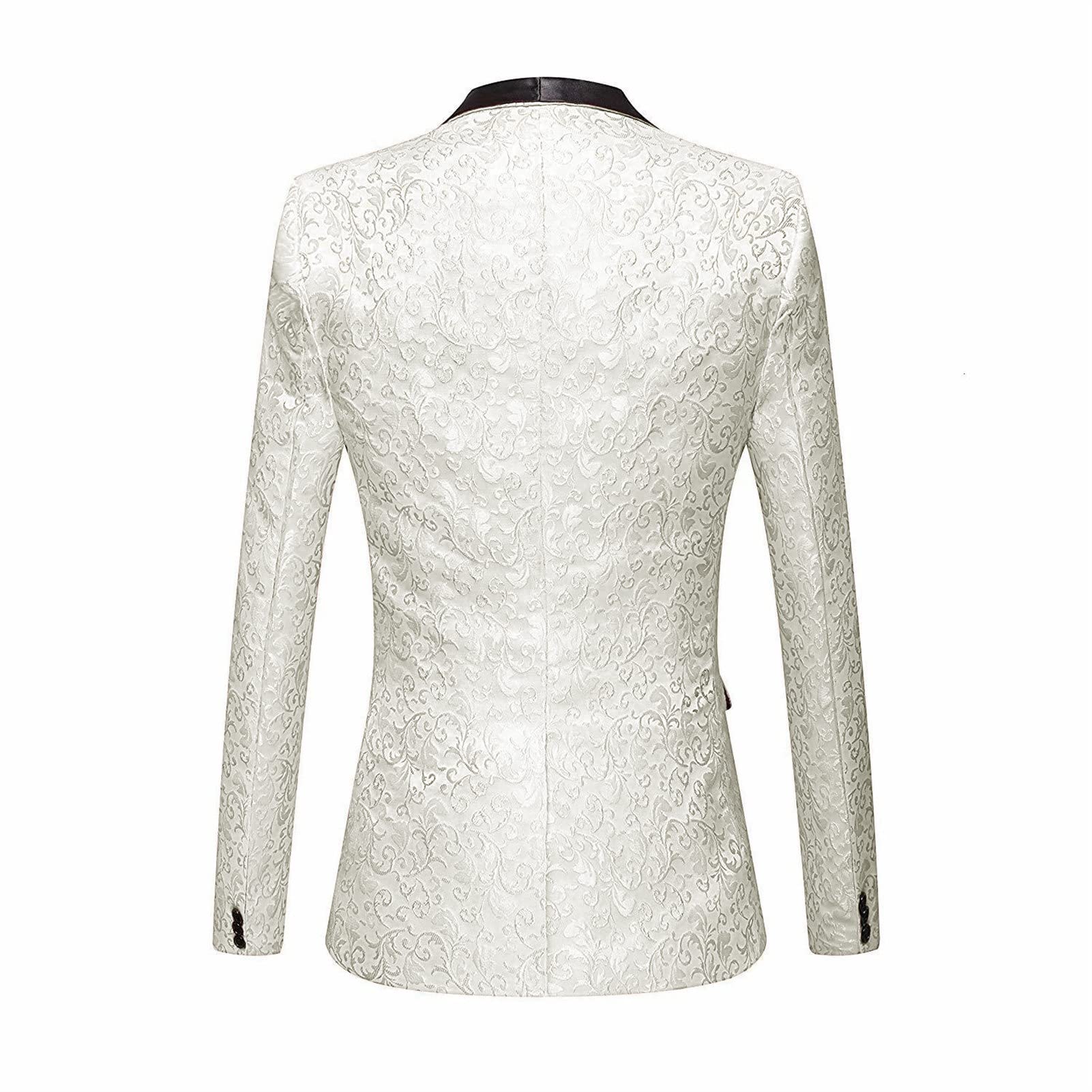 Men's Luxury Floral Tuxedo Jacket Paisley Jacquard Shawl Lapel Dress Suit Embroidered Wedding Blazer Sport Coat (White,XX-Large)