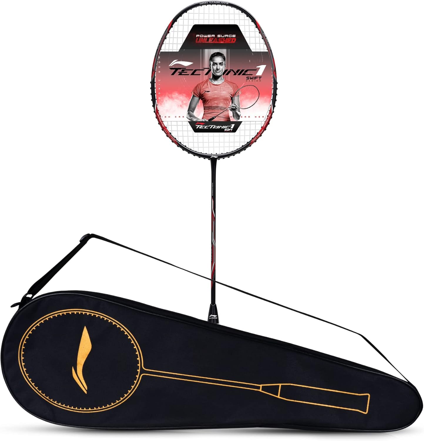 Li-Ning Tectonic 1S Carbon Fibre Strung Badmiton Racket with Free Full Cover (Black/Red, 83 Grams)