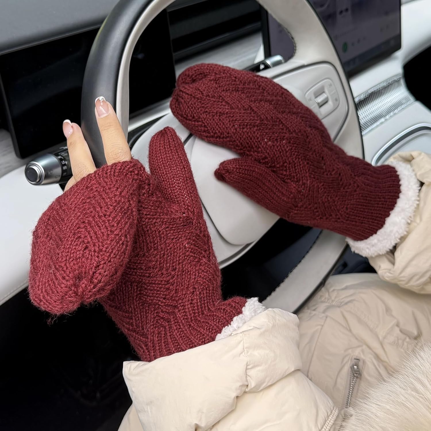 Convertible Mittens for Women Winter Sherpa Fleece Warm Knit Wool Half Finger Gloves for Cold Weather - Image 4