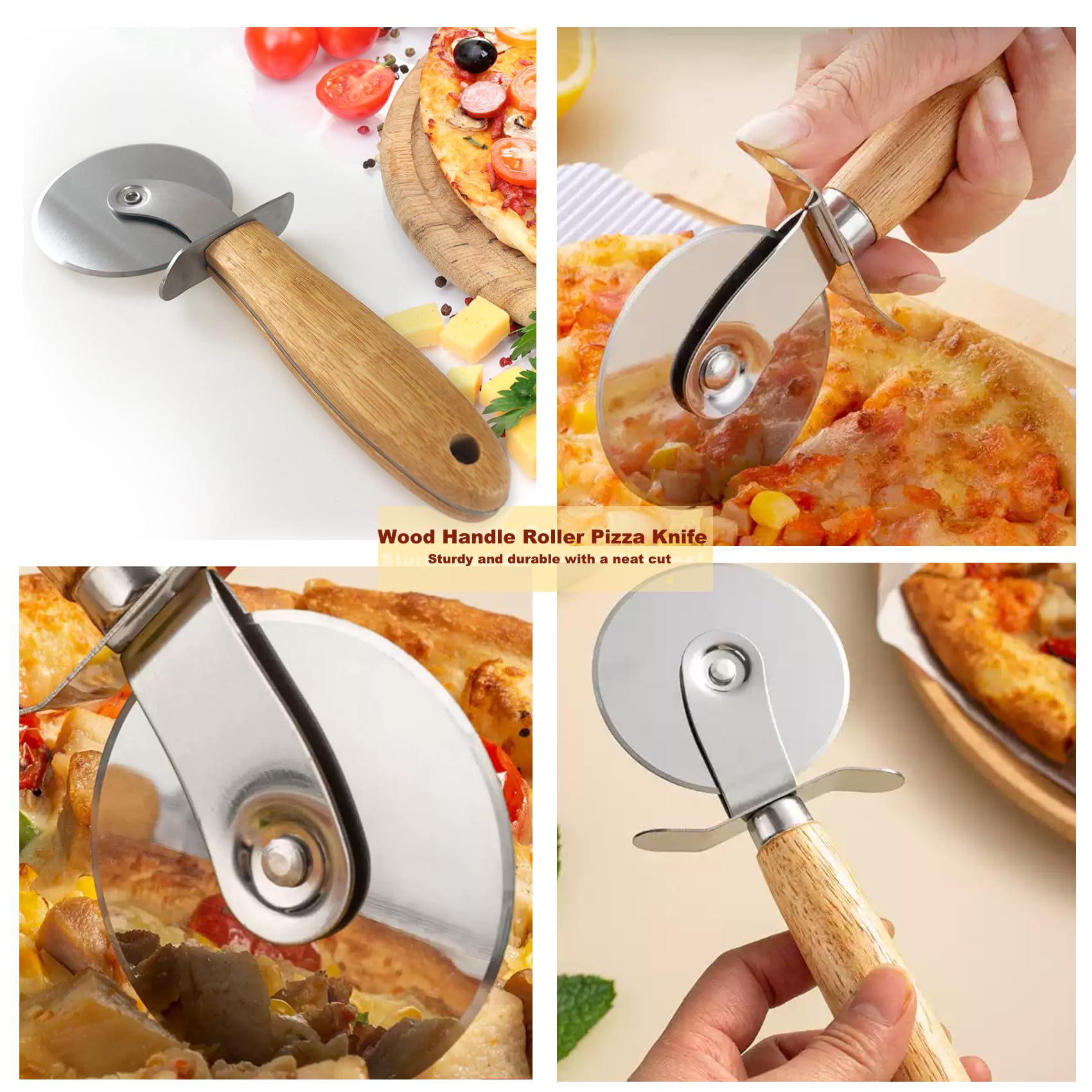 3-Inch Diameter Blade Pizza Cutter with Wooden Handle,Stainless Steel Pizza Cutter,Multifunctional Pizza Wheel Cutter,2 pcs Meat Shredder Claws,Pulled Pork Claws for Meat Shredding,Tool Barbecue
