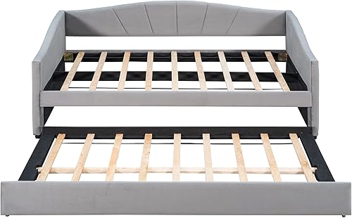 Miniatura 5 de Sofá cama nido con cama nido, tamaño individual, tapizada, de tela, marco de tablillas, soporte para dormitorio, sala de estar, no necesita caja de