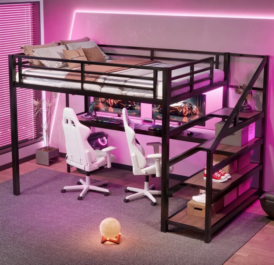 Image of Bellemave Full loft Bed with Storage Stairs, Shelves, Metal Loft Beds with LED Lights, USB Ports, Multifunctional Iron Nets for Adults, Kids, Teens, Black