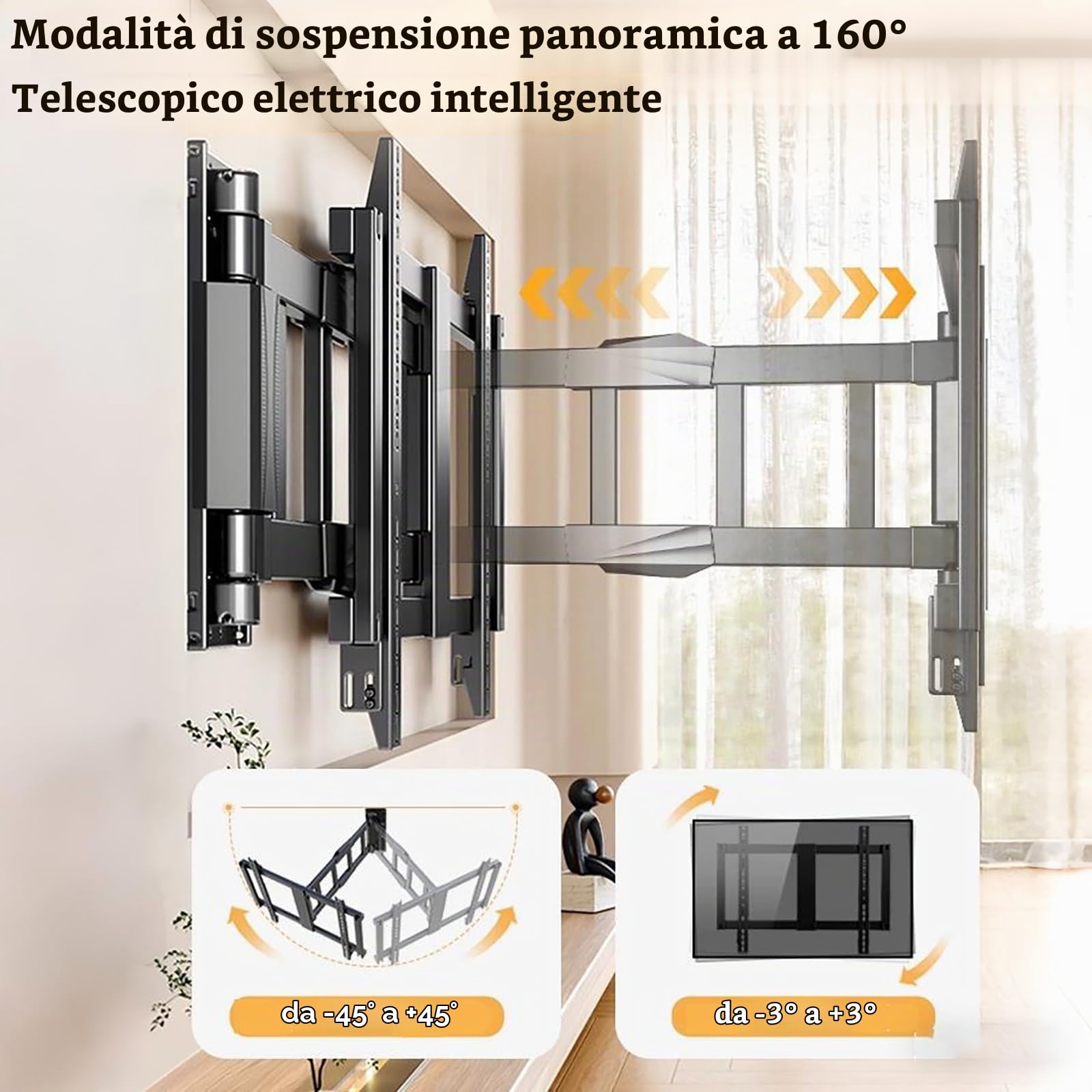 Supporto TV motorizzato con braccio pieghevole regolabile, intelligente, sottile, con rotazione di ±90°, supporto VESA fino a 750×600 per TV LCD, monitor, schermo, 65-86 pollici 80 kg (65-75in)
