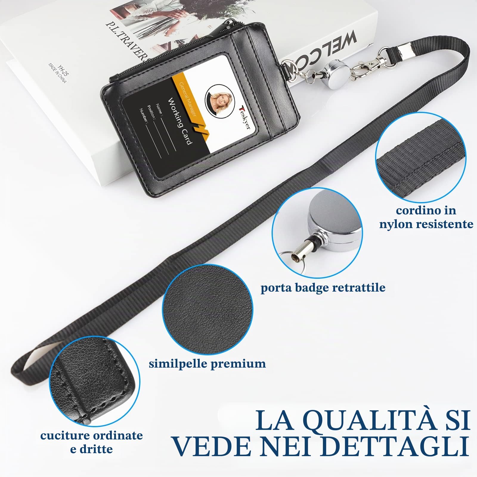 Porta badge in pelle con cordino e bobina retrattile, 4 scomparti per carte d'identità, tasca con cerniera