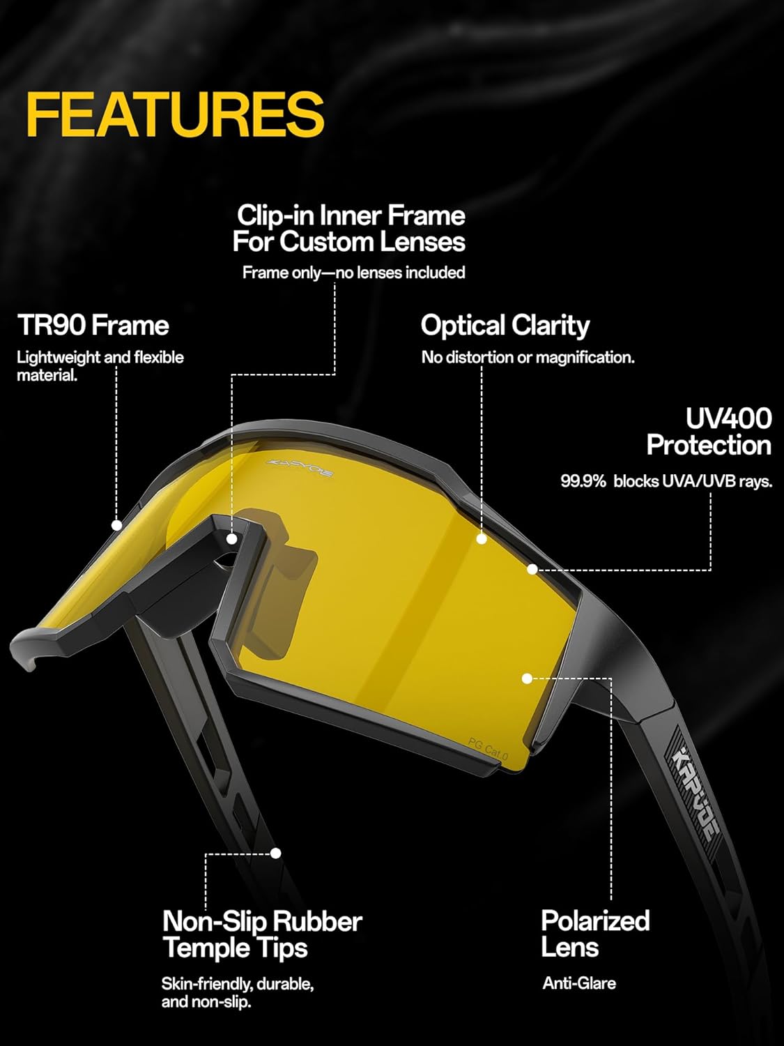 KAPVOE Night Cycling & Driving Glasses Polarized Yellow Lens Anti-Glare Eyewear for Low Light Road Riding K9022